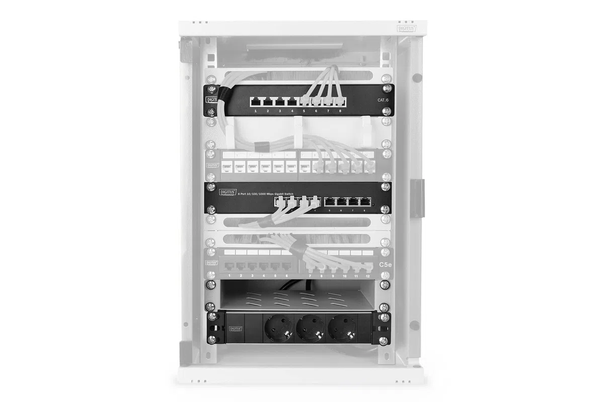 DIGITUS 10-Zoll Set - Netzwerk-Schrank 9HE Grau - Fachboden - Steckdosenleiste - 8-Port Patch-Panel - 8-Port Gigabit-Switch | Netzwerkschrank – Fachboden – Steckdosenleiste – 8-Port Patch-Panel – 8-Port Gigabit-Switch