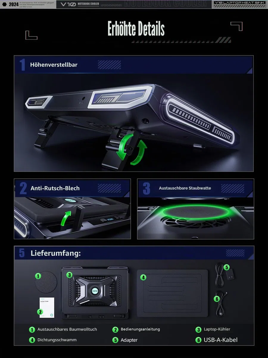 llano Gaming Laptop Kühler Kühlpad mit 3500RPM Turbofan 4,72'' externem Lüfter Ständer verstellbare Geschwindigkeit Tastensteuerung Dichtschaum schnelle Kühlung Laptops 13-17,3'' KEIN RGB NO Ports