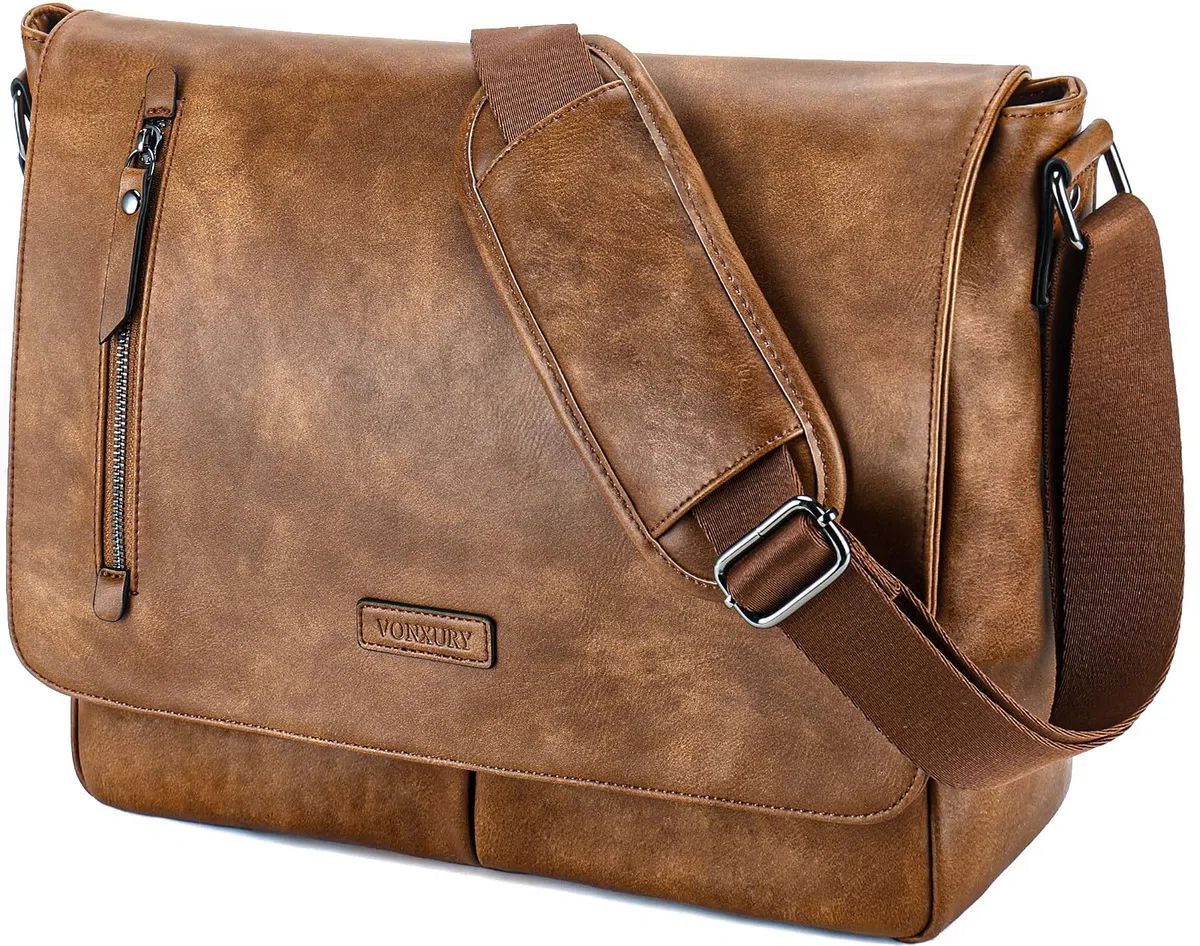 VX VONXURY Umhängetasche Herren und Damen, Vegan Leder 14 Zoll Laptoptasche Messenger Bag Arbeitstasche für Arbeit Schule(Braun)