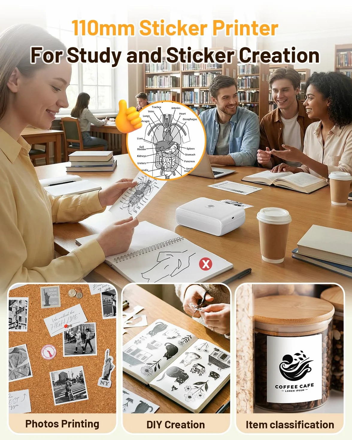 Phomemo M04S Mini Drucker, 110mm Sticker Drucker Etikettendrucker, 300 DPI Tragbarer Thermodrucker Kompatibel mit iOS & Android, für Journaling Zubehör, ersandetiketten,Dokumente,Fotos,Studiennotizen