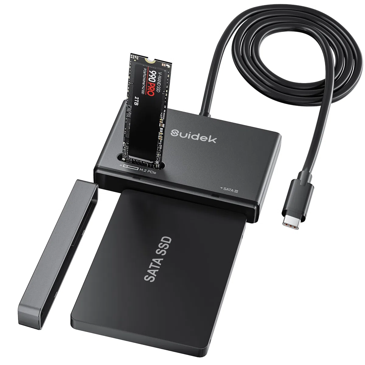 SUIDEK M.2 NVMe SSD Gehäuse Adapter, Typ-C 10Gbps auf M.2 und SATA Festplattenleser Externes M2 PCIe NVMe SSD Gehäuse Kompatibel mit (M Key&M+B Key) Jeder Größe und 2.5"/3.5“ SATA Solid State Disk