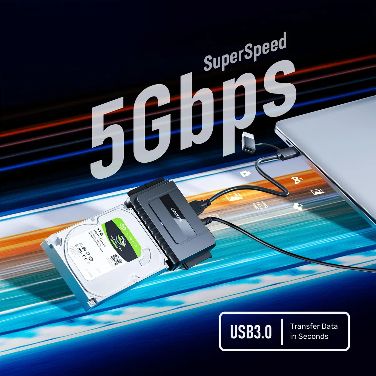 UNITEK IDE SATA Adapter auf USB, Externe Festplattenadapter für 2,5 3,5 Zoll HDD SSD, USB-C-Datenkabel mit USB-A Adapter und 12 V/2 A Netzadapter im Lieferumfang enthalten