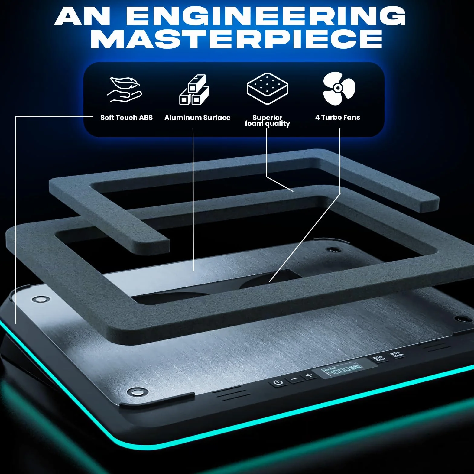 KLIM Turbofrost Laptop Kühler - Gaming Laptop Kühlpad mit 4 Turbolüftern - 4 x 4000 RPM, 2 Leistungsmodi (USB-C/DC), RGB, 4 USB-Ports und Dämpfung für schnelle Kühlung. Für Laptops bis 17 Zoll