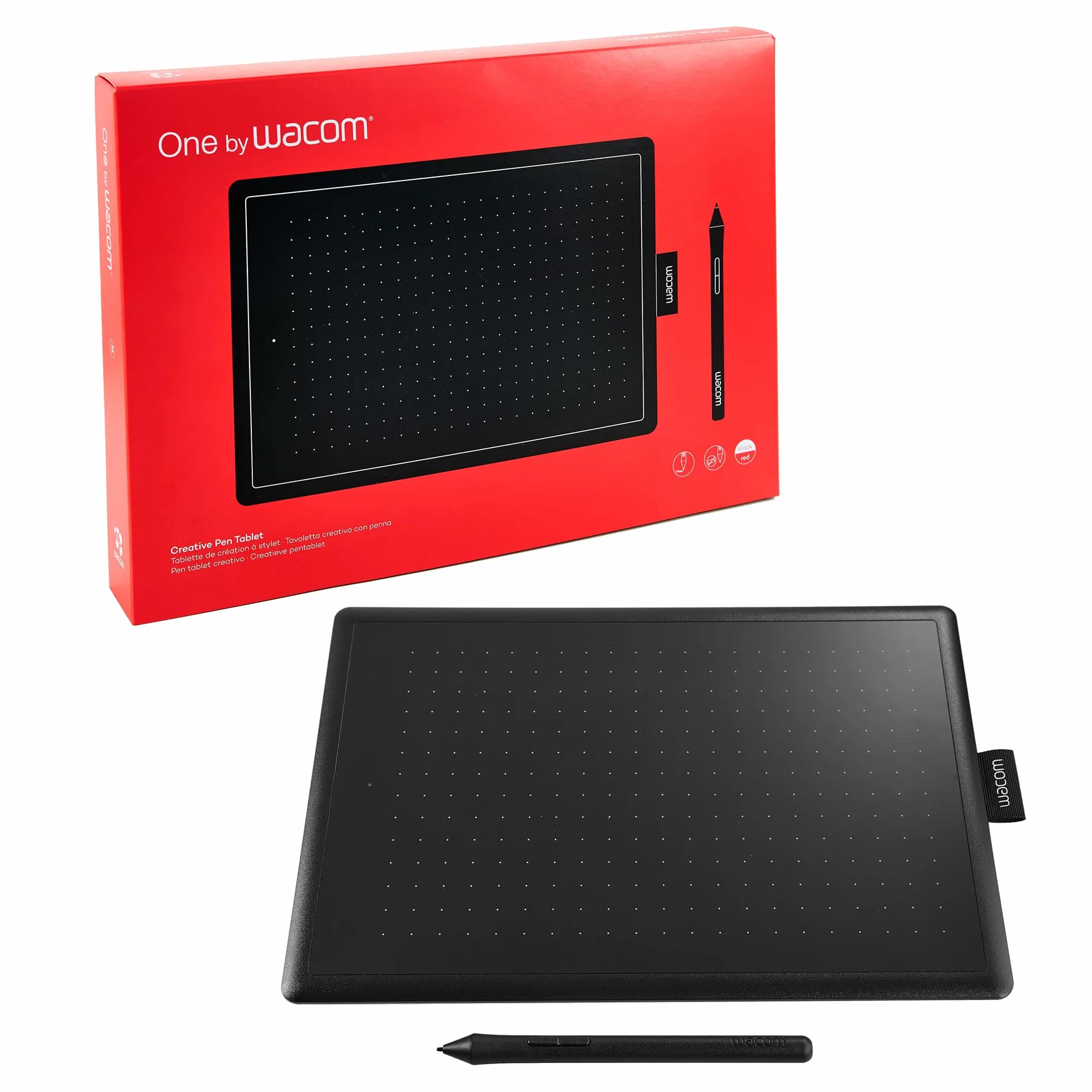 One by Wacom Stifttablett mit drucksensitivem Stift, geeignet für Windows, Mac & Chromebook, Medium, schwarz/rot