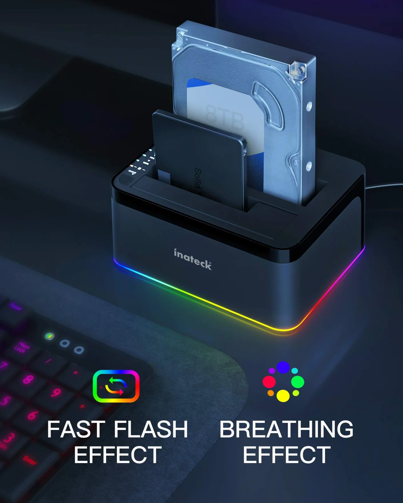 Inateck RGB Festplatten Dockingstation USB 3.0 mit Offline-Klonfunktion, für 2.5 u. 3.5 Zoll SATA HDDs und SSDs, UASP Unterstützt, Schwarz