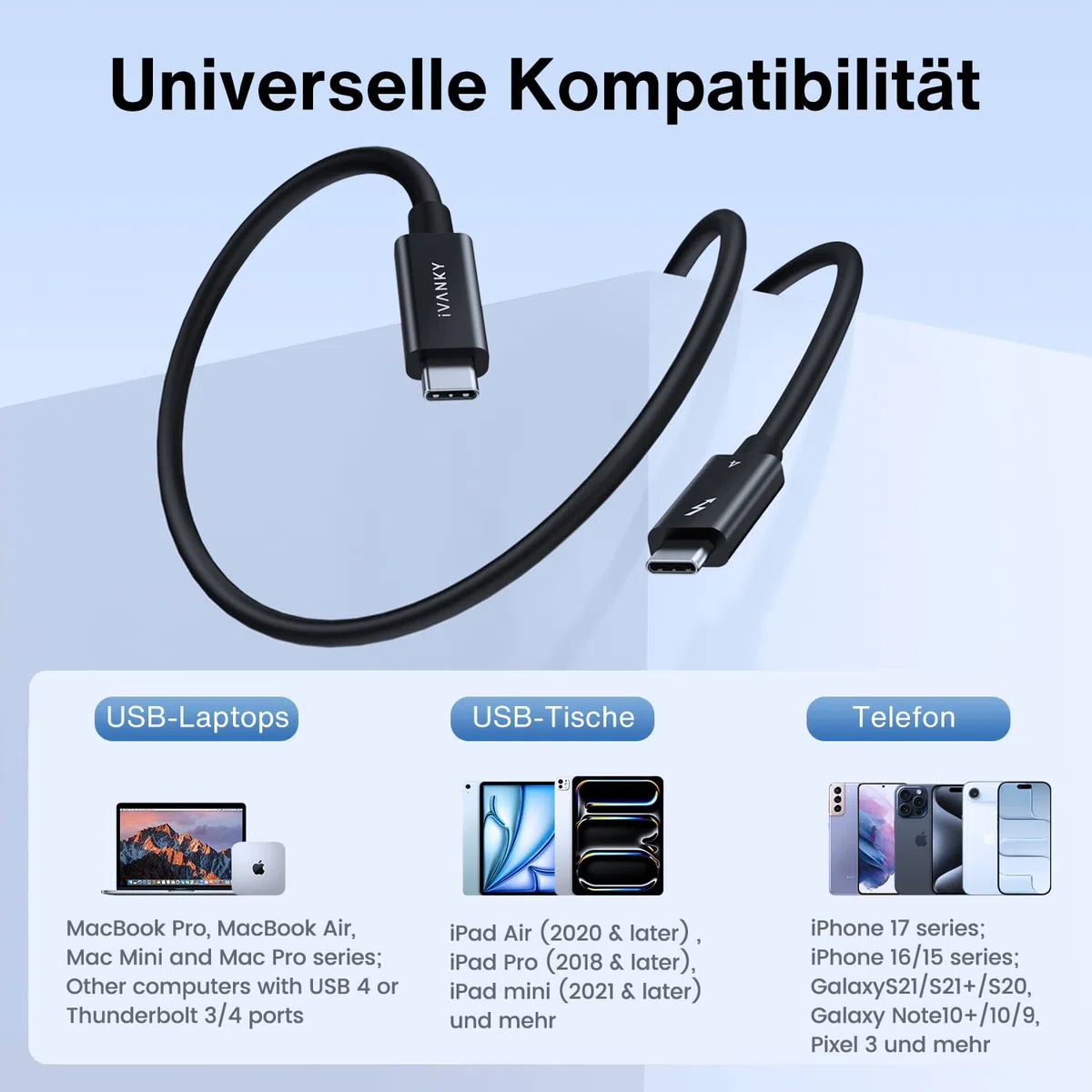 IVANKY Thunderbolt 4 Kabel 1.5M [Intel-zertifiziert], 240W USB C Ladekabel, 40Gbps Daten 8K Video, für MacBook Air/Pro M5, MacBook Neo, iPhone 17/17e/16, iPad Air M4, Samsung, USB4 Kompatibel