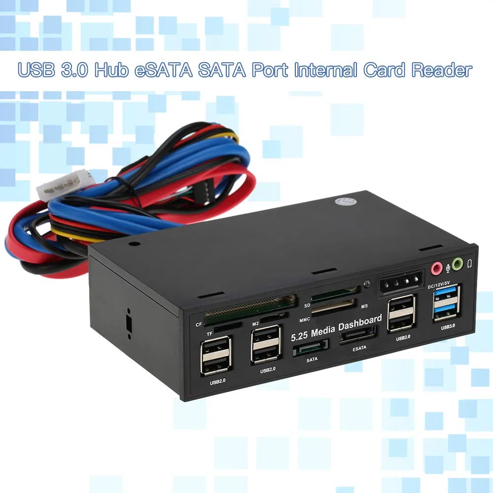 ACAGALA Multifunktions-USB 3.0 Hub eSATA SATA Port Interner Kartenleser PC Armaturenbrett Medien Vorderseite Audio für SD MS CF TF M2 MMC Speicherkarten Passend für 5,25 Zoll Bay