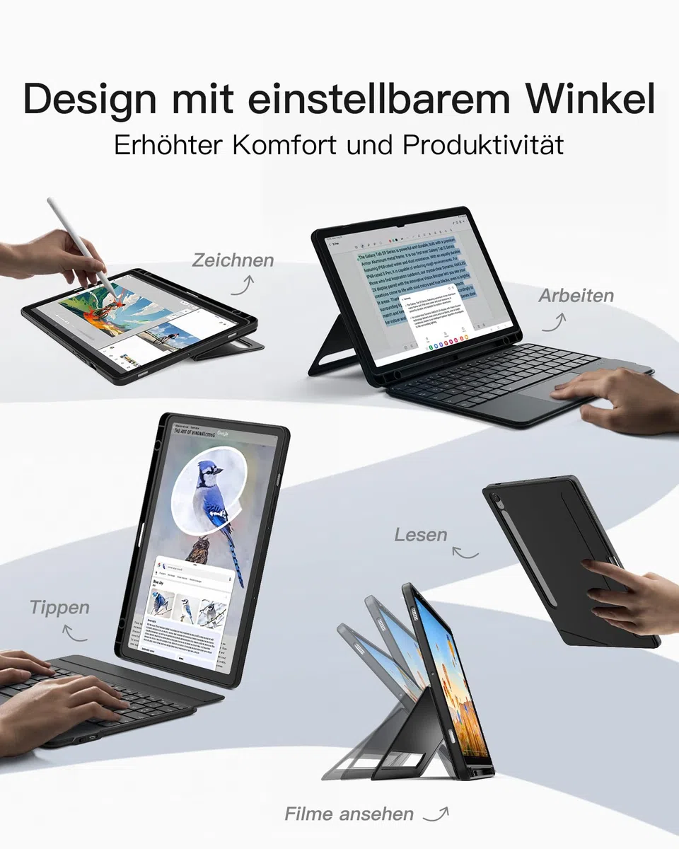 Inateck Hülle mit Tastatur für Samsung Galaxy Tab Tab S10 Lite/S10 FE/S9 FE/S9,Tastatur für Tablet Hoch-/Querformat Ständer,Abnehmbar, mit Touchpad,QWERTZ, AceTouch N0064