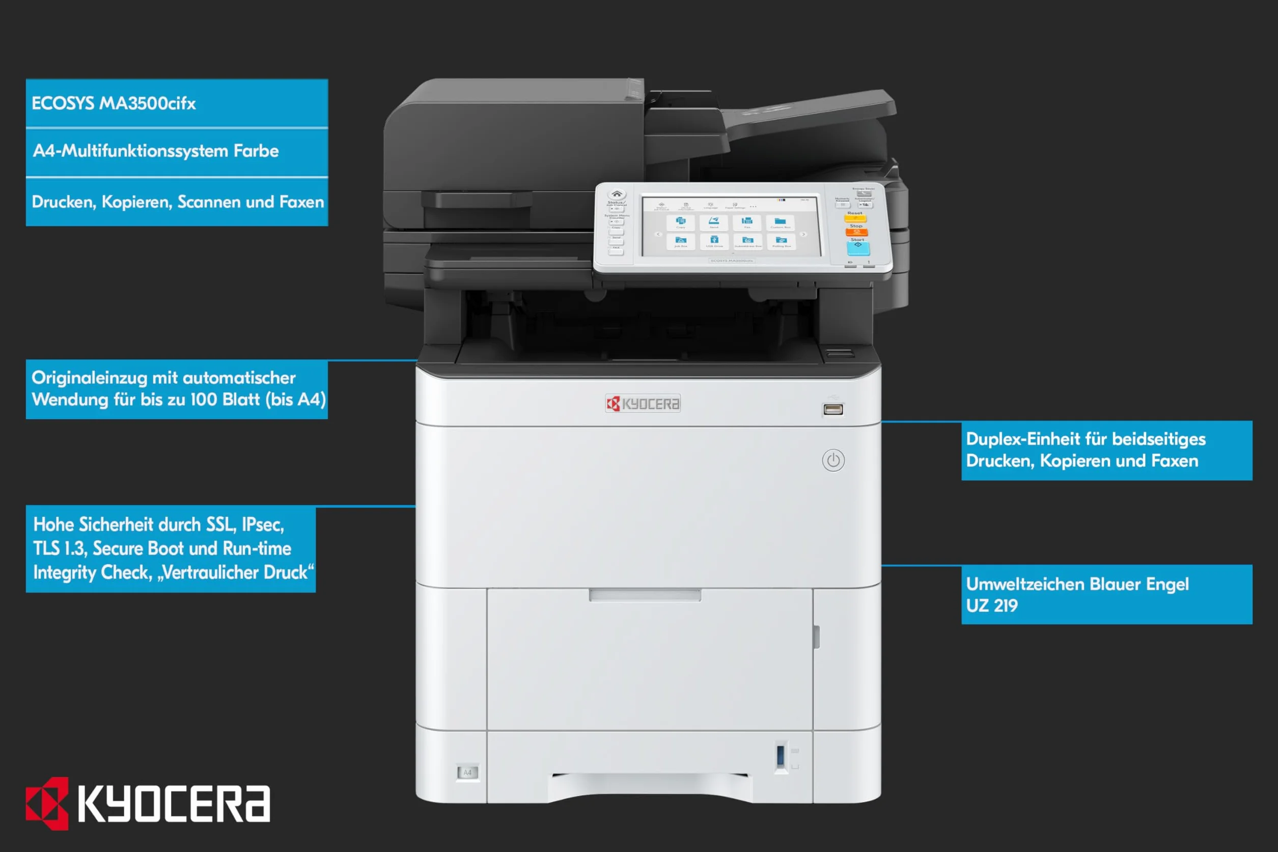 Kyocera Ecosys MA3500cifx Farblaserdrucker Multifunktionsgerät, Duplex, 35 Seiten pro Minute Drucker Scanner Kopierer, Faxen, Laserdrucker Multifunktionsgerät, Touchpanel, Gigabit LAN, Mobile Print