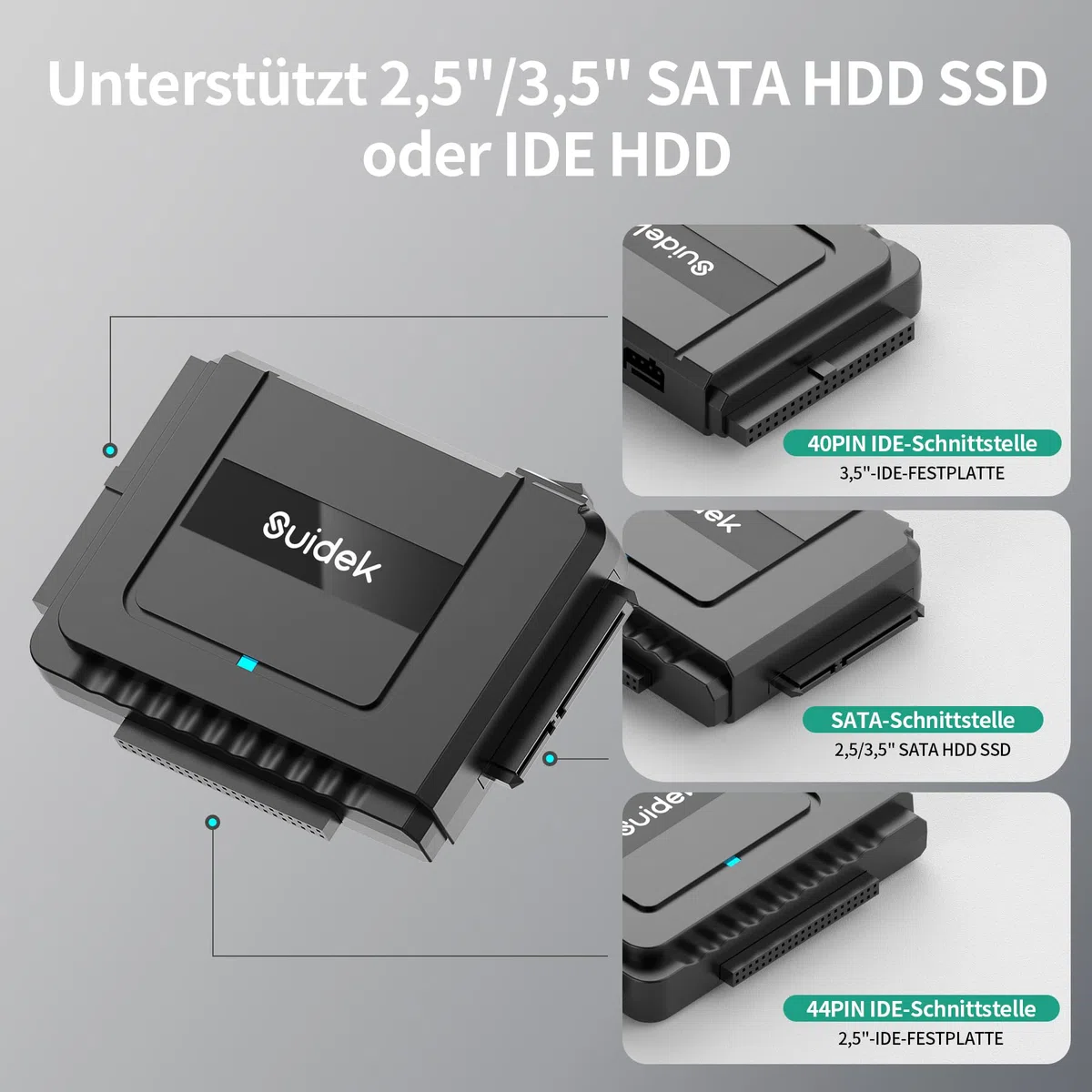 SUIDEK USB 3.0 zu SATA IDE Adapter, Externer IDE Festplatten Auslesen Adapter für universelle 2.5/35 Zoll HDD/SSD Festplatten, SATA zu USB Konverter mit 12V/2A Netzteil