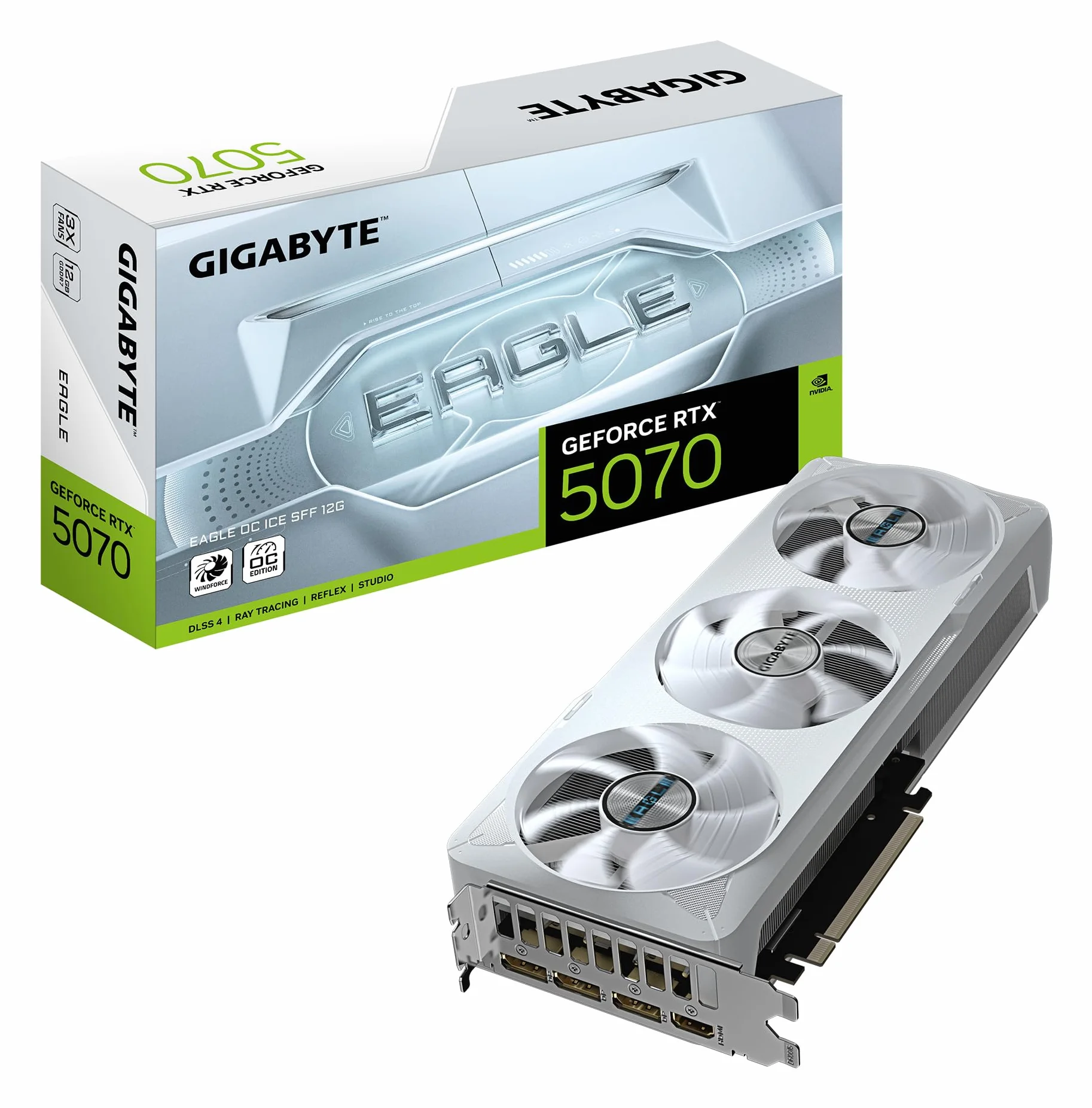 Gigabyte GeForce RTX 5070 Eagle OC Ice SFF 12G Grafikkarte - 12GB GDDR7, 192 Bit, PCI-E 5.0, 2587 MHz Core Clock, 3 x DP 2.1a, 1 x HDMI 2.1b, NVIDIA DLSS 4, GV-N5070EAGLEOC ICE-12GD