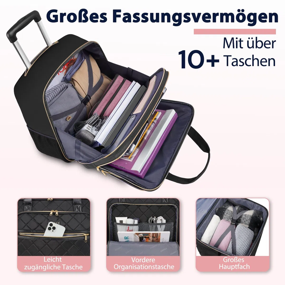 Ytonet Business Trolley Damen, Laptop Trolley 17,3 Zoll Laptop, Laptoptasche mit Rollen Wasserdicht, Business Aktenkoffer Damen mit Rädern, Pilotenkoffer mit Rollen für Reisen, Arbeit, Schule, Schwarz