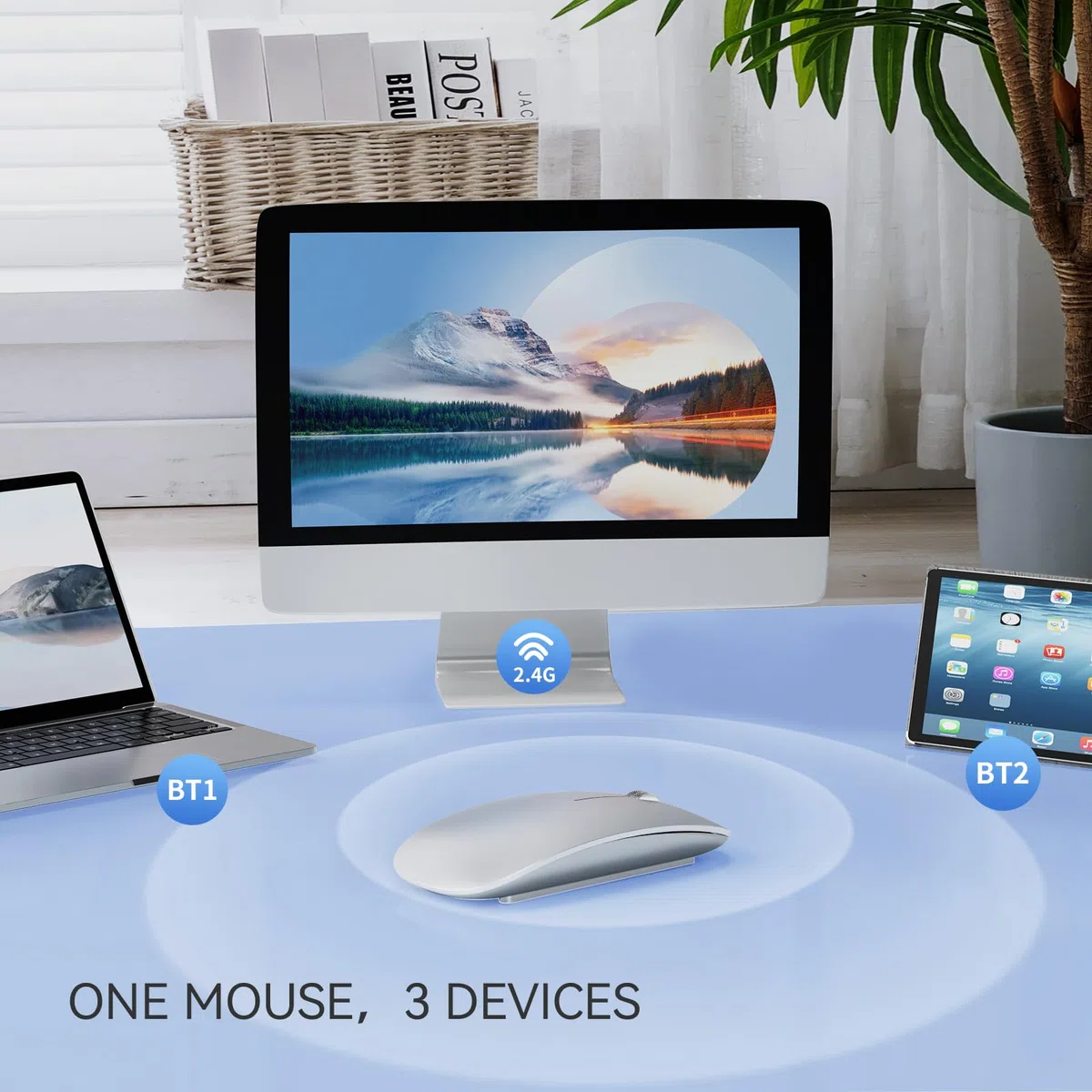 Uiosmuph Bluetooth Maus, Kabellose Maus mit USB-Nano-Empfänger, Tri-Mode (Dual Bluetooth 5.1 + 2.4GHz) Leise Funkmaus Wiederaufladbare für Laptop, PC, iPad, Mac Silber