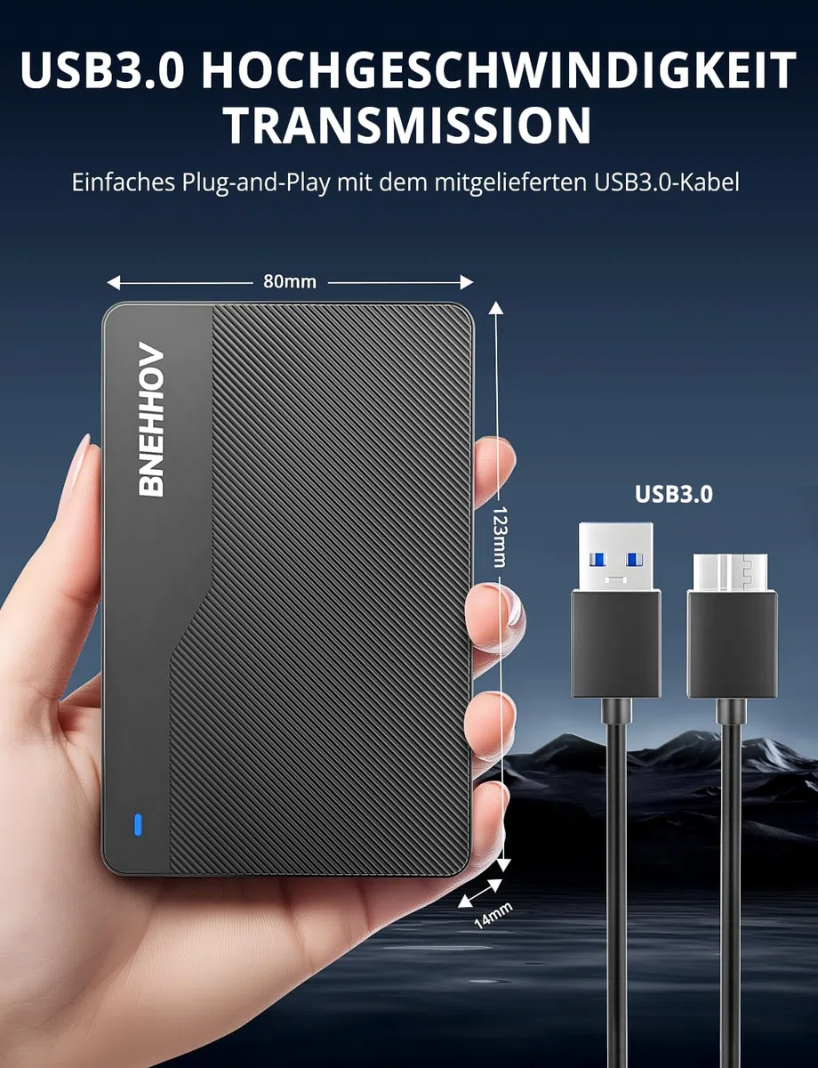 Externe Festplatte, 500GB Tragbare 2.5 Zoll USB 3.0 Backups HDD, Ultradünn Plug-and-Play SATA Festplattenspeicher für Windows, Mac, PC, Laptop, PS4, Xbox, Wii U, Chromebook