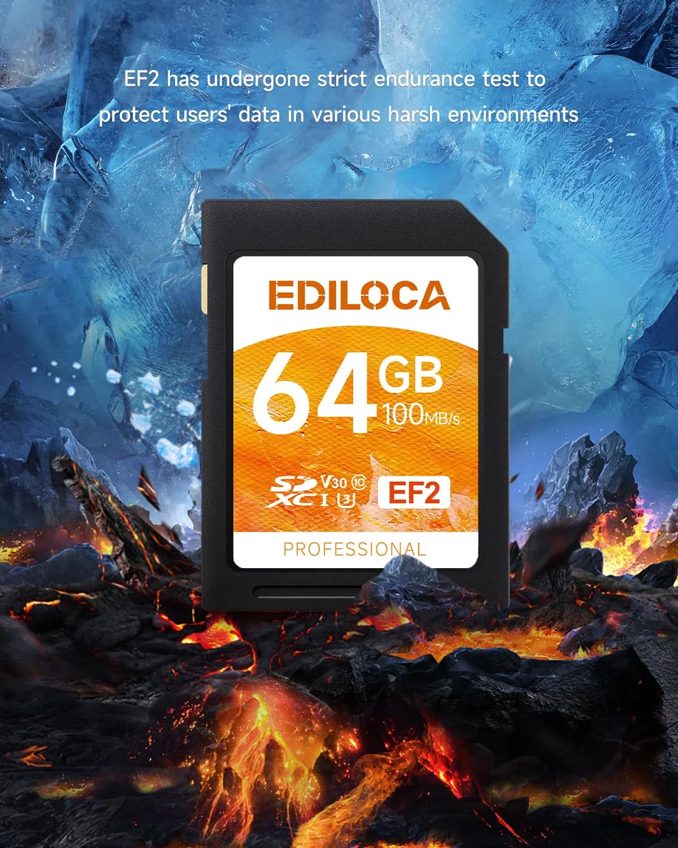 Ediloca EF2 UHS-I Speicherkarte 64GB 4er-Pack, Lesen 100MB/s, Schreiben 45MB/s, C10, U3, V30, Full-HD und 4K-Video, SD-Karte für professionelle Fotografen