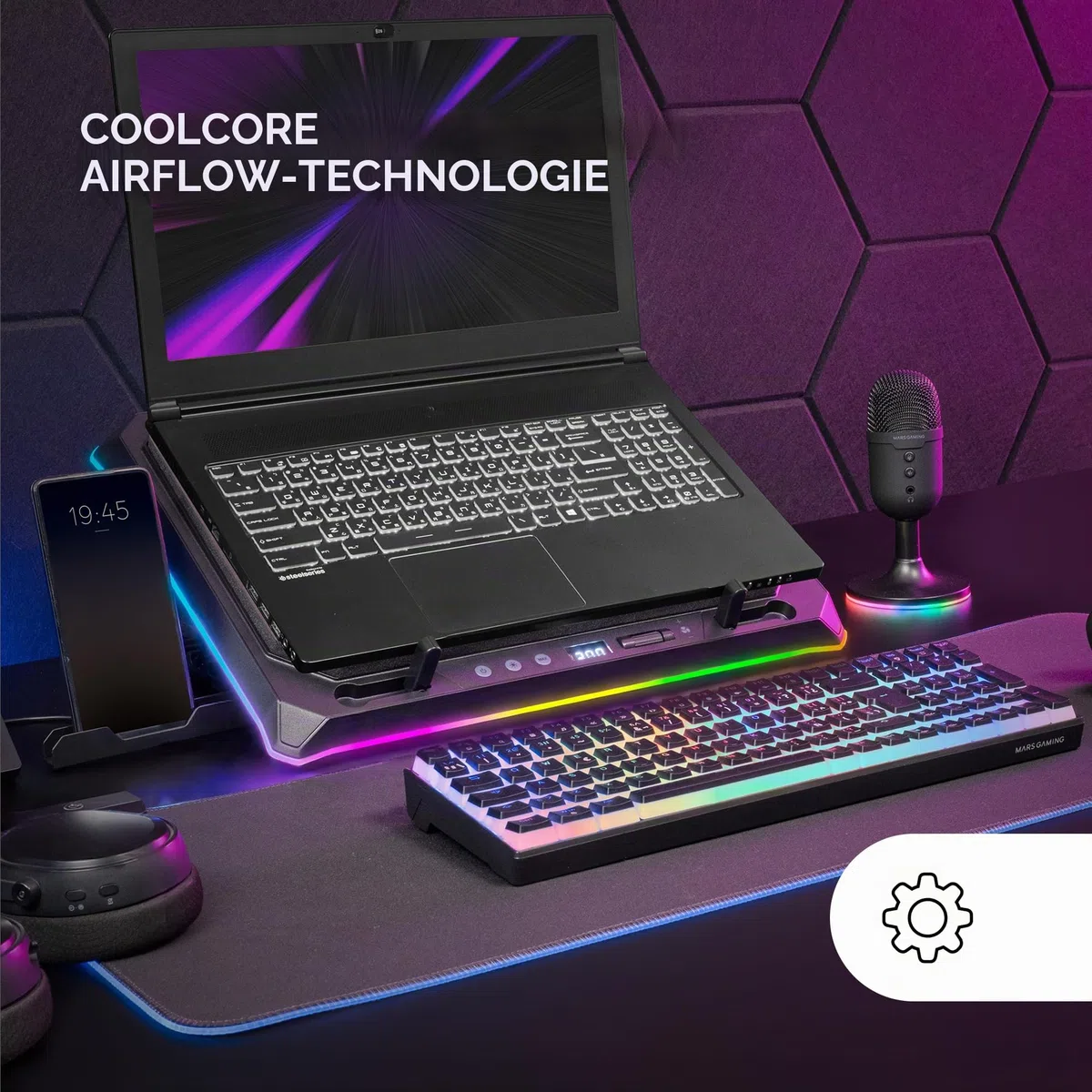 Mars Gaming MNBC-Ultra, Kühlbasis und Ständer, 140mm Lüfter, CoolCore Airflow Technologie, RGB Chroma, 5 Positionen, Kompatibel mit Laptops bis 18”, Smartphone-Halterung, 4X USB-A, Schwarz