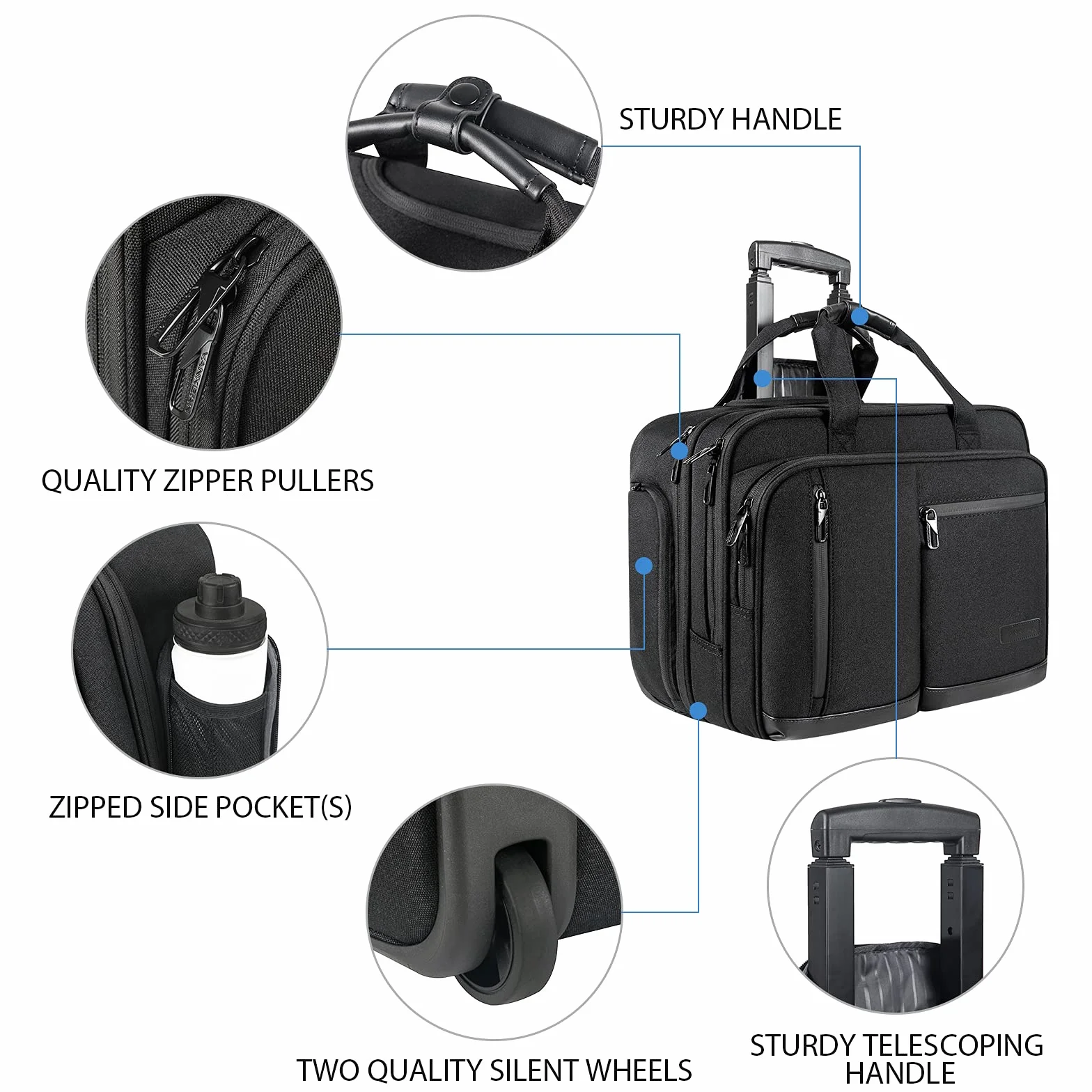 VANKEAN 17.3'' Laptoptasche mit Rollen für Herren, Stylische Handgepäck-Aktentasche Laptoptasche wasserdichte mit Rollen für die Nacht mit RFID-Taschen für Reisen/Arbeit/Schule-Schwarz