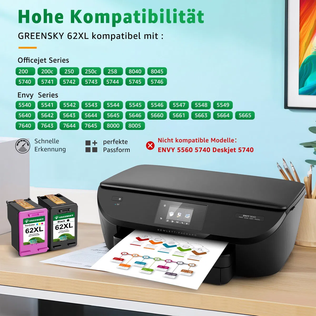 GREENSKY 62XL Kompatibel Ersatz für HP 62 Druckerpatronen 62 XL 62XL schwarz und Farbe Patronen für HP OfficeJet 250 200 5740 5742 Envy 5540 5548 7640 5640 5646 (1 Schwarz, 1 Farbe)