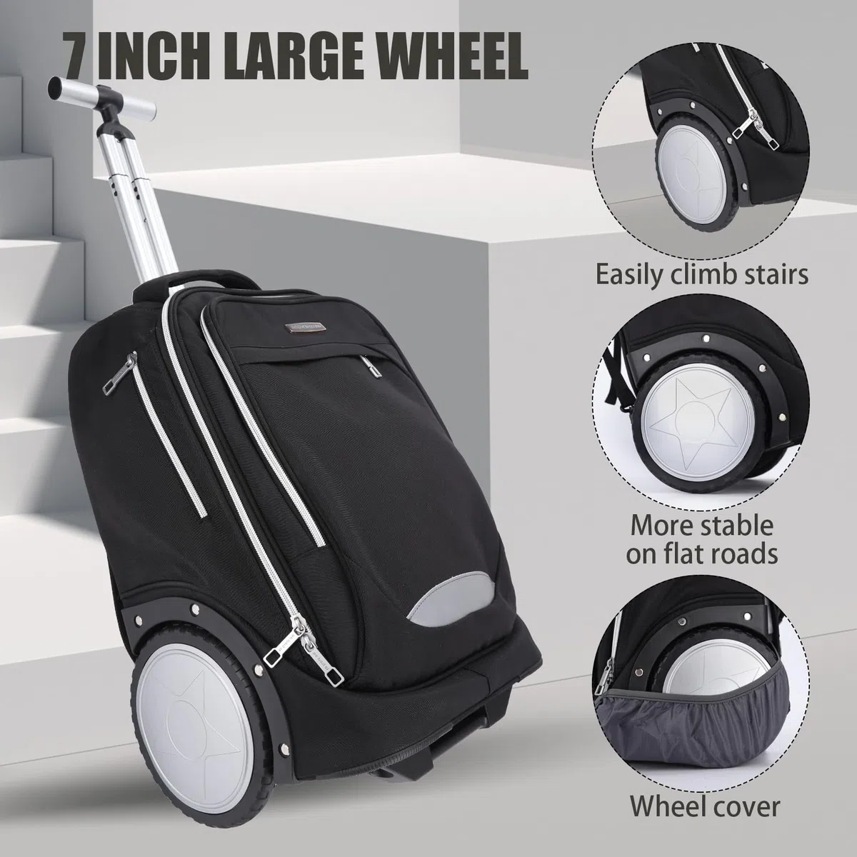 Rucksack mit Rollen, Rucksack trolley doppelt verstärktem Teleskopgriff, leichtes Hinauf- und Hinuntergehen von Treppen, Handgepäck-Rucksack mit Laptopfach für Geschäftsreisende und Pendler, Schwarz