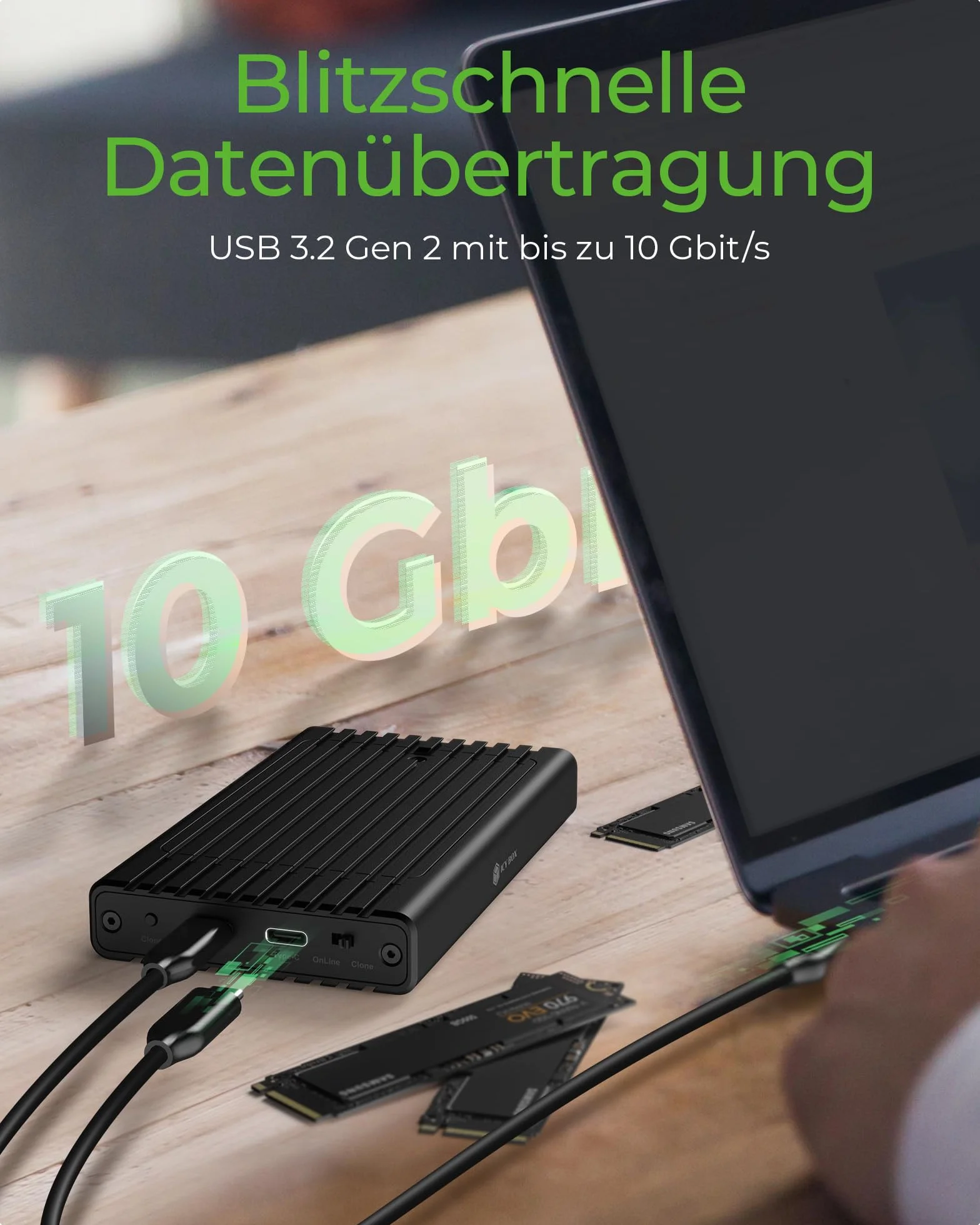 ICY Box M.2 NVMe SSD Docking Station USB 3.2 Gen 2 (10 Gbit/s), NVMe Klonstation & Lesegerät, Extern, Adapter, USB-C & USB-A, IB-2817MCL-C31