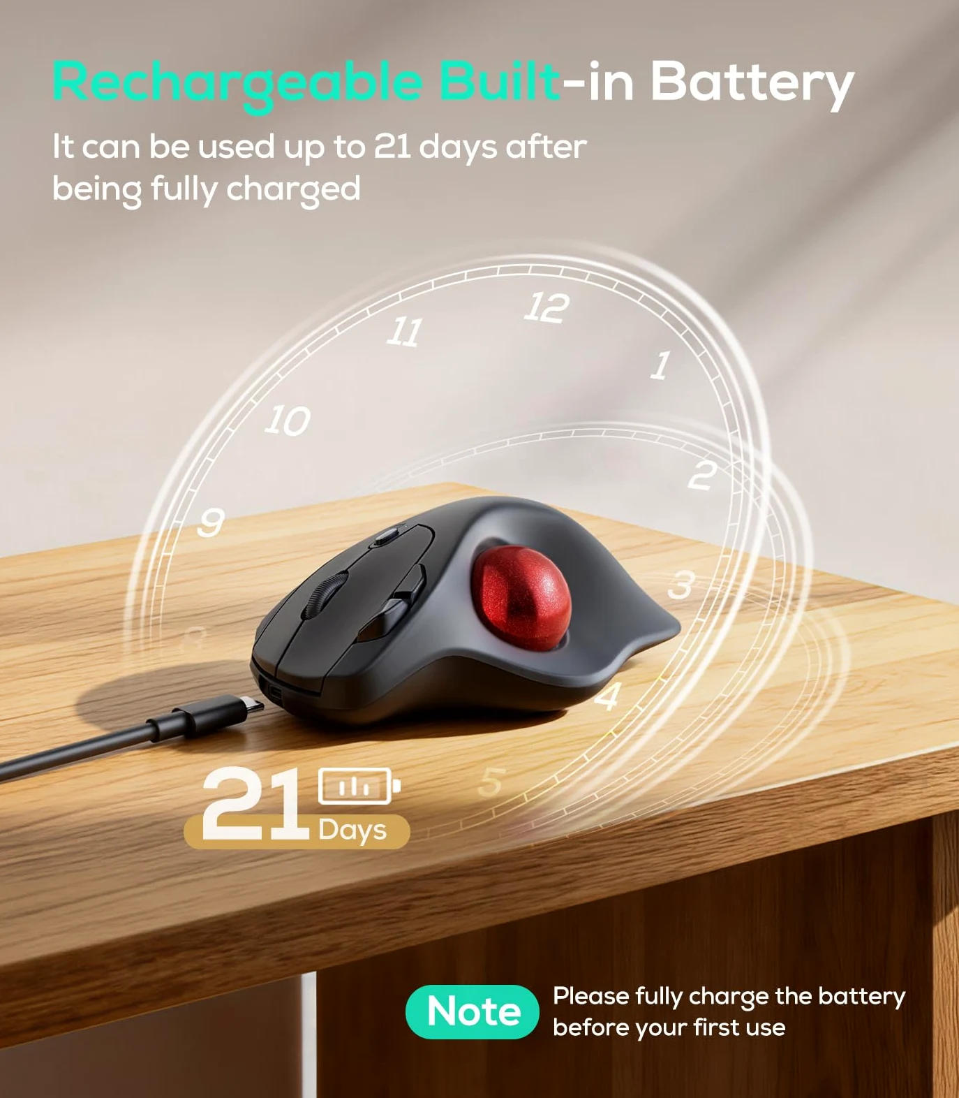 Nulea M511 drahtlose Trackball-Maus, wiederaufladbare ergonomische Daumen-Control-Maus mit Kipphalter, Glatte und präzise Tracking, 3 Geräteanschluss (Bluetooth oder USB-Empfänger)(Rot)