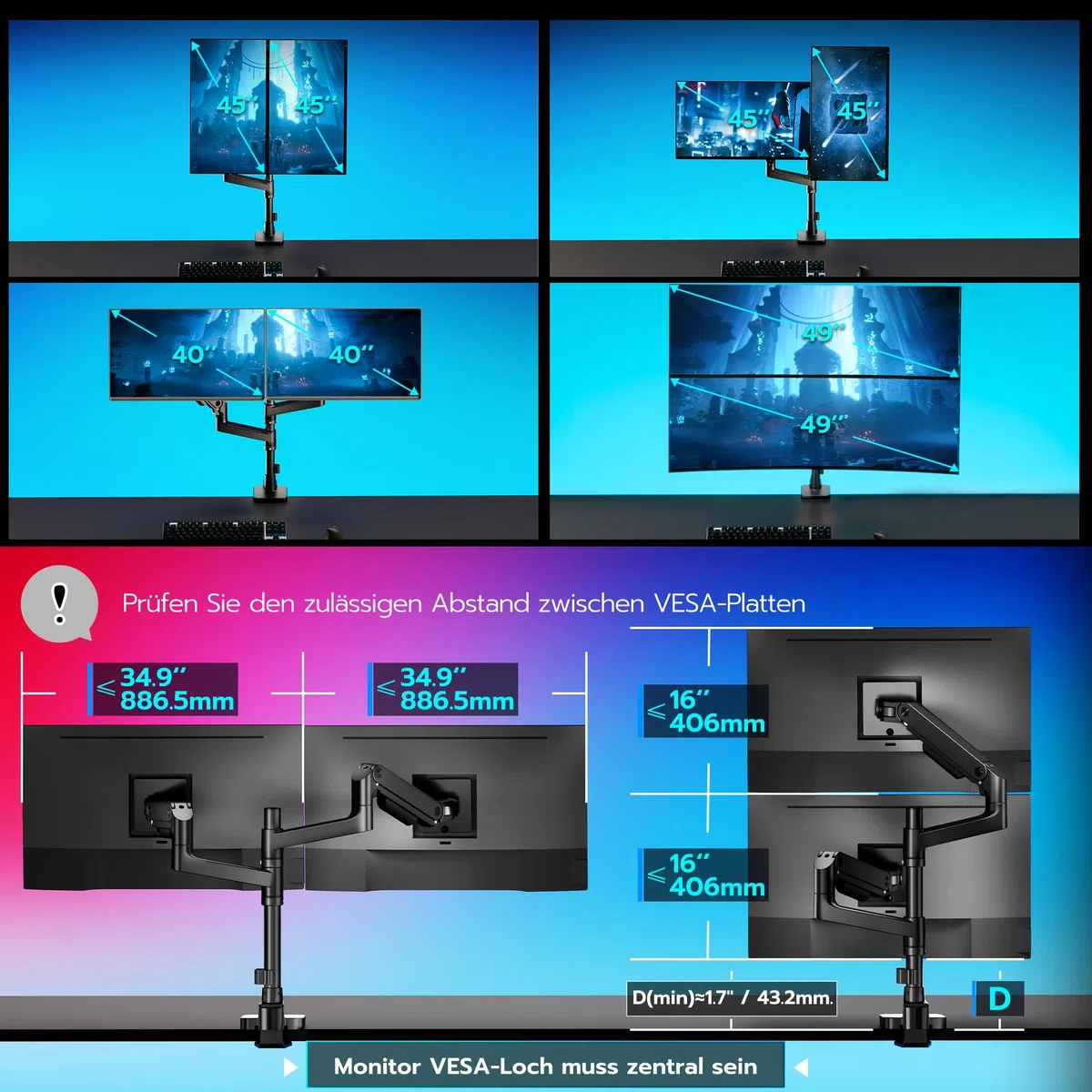 ARES WING Monitor Halterung 2 Monitore für 17-49 Zoll Bildschirme, Bildschirmhalterung Gasfeder，Monitor Arm Tragfähigkeit Max 20 kg/arm, VESA 75/100，Schwarz