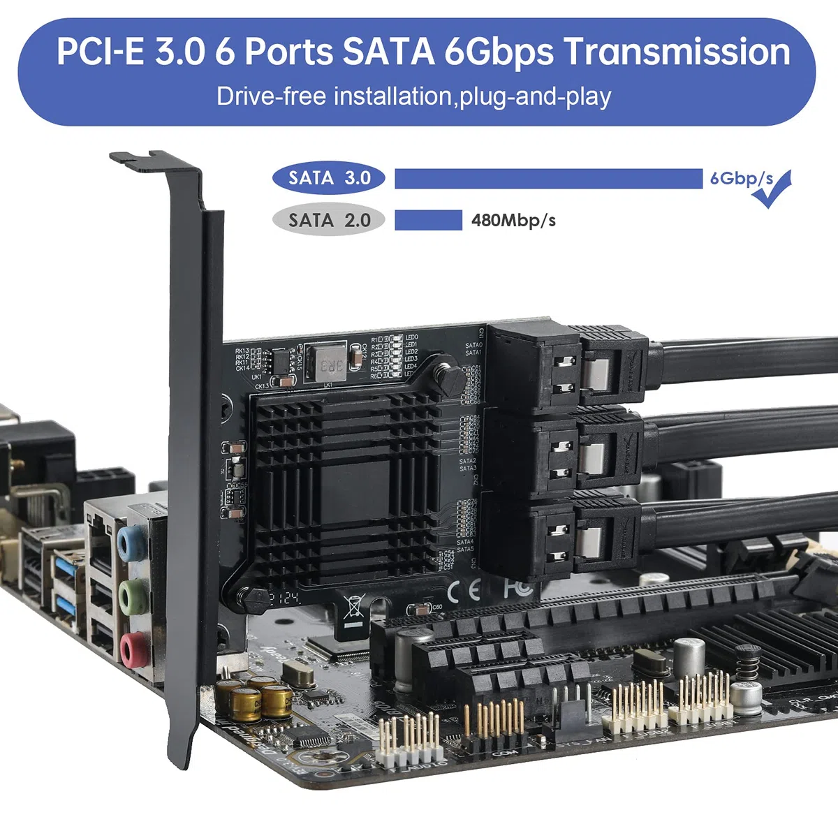 PCIE Schnittstelle-4X SATA Karte 6 Ports, mit 6 SATA Kabel und Low Profile Halterung, PCIE zu SATA 3.0 6 Gbps Controller, ASM1166 Chip
