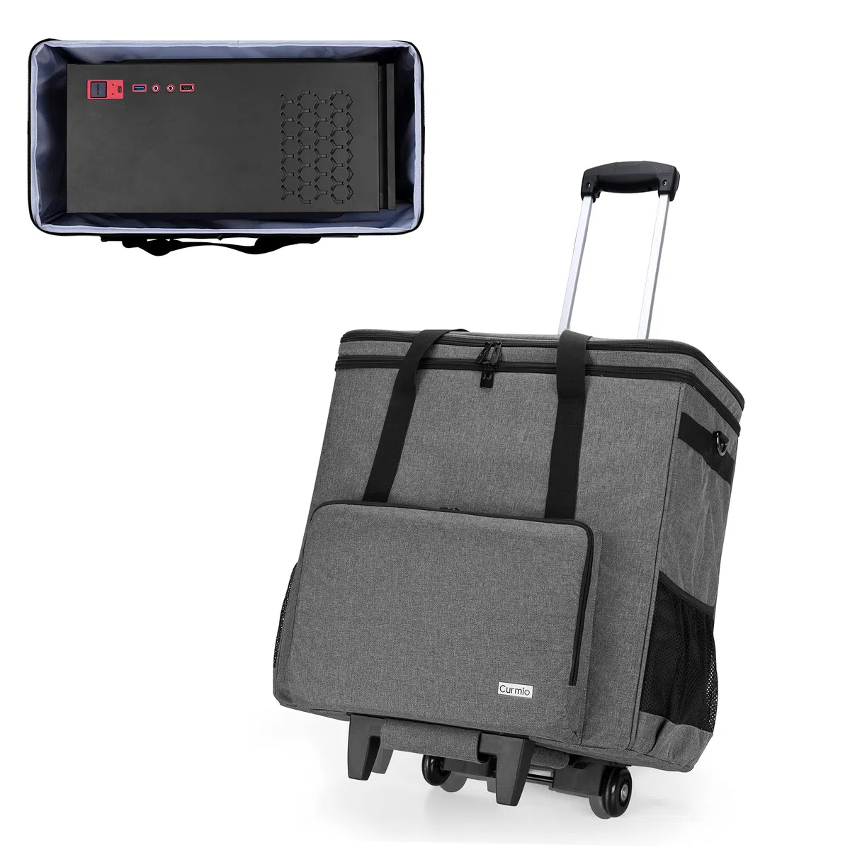 CURMIO Reisetasche für Desktop Computer, PC Gehäuse Tasche mit Abnehmbarem Trolley, Tragetasche für Tower PC, Tastatur, Kabel und Maus, (Keine Zubehör Enthalten), Grau