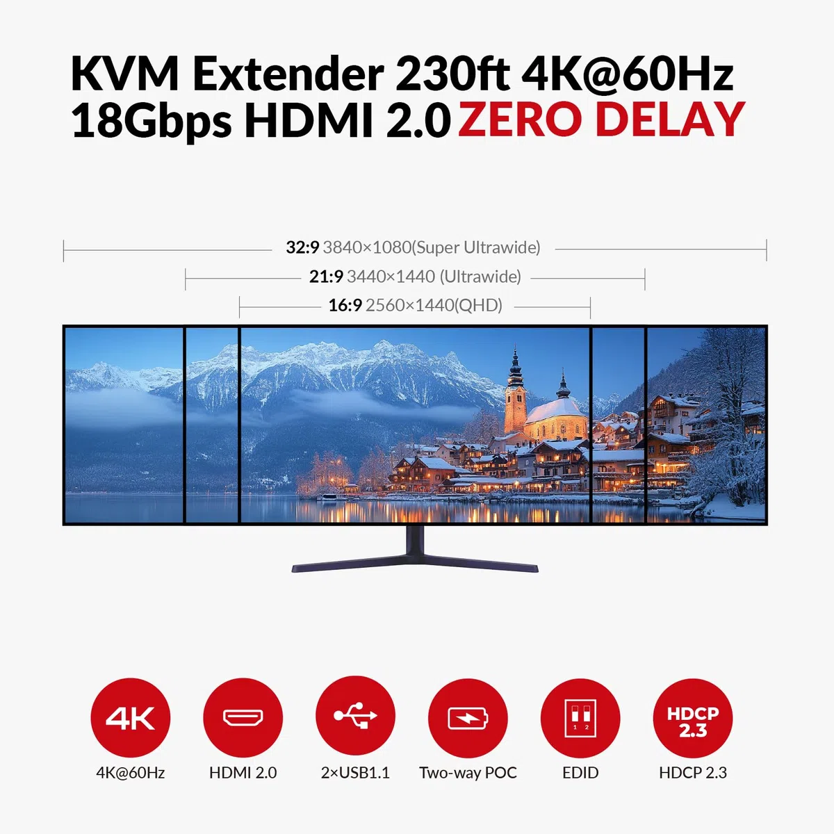 AV Access 4K HDMI & USB KVM Extender Over Cat6/6A/7 Upto 230ft, HDR10, HDCP 2.3, USB 1.1, Bi-Directional PoC, EDID Switch, Ultra-Slim Transmitter/Receiver for Retail & Control Systems (4KEX70-USB)