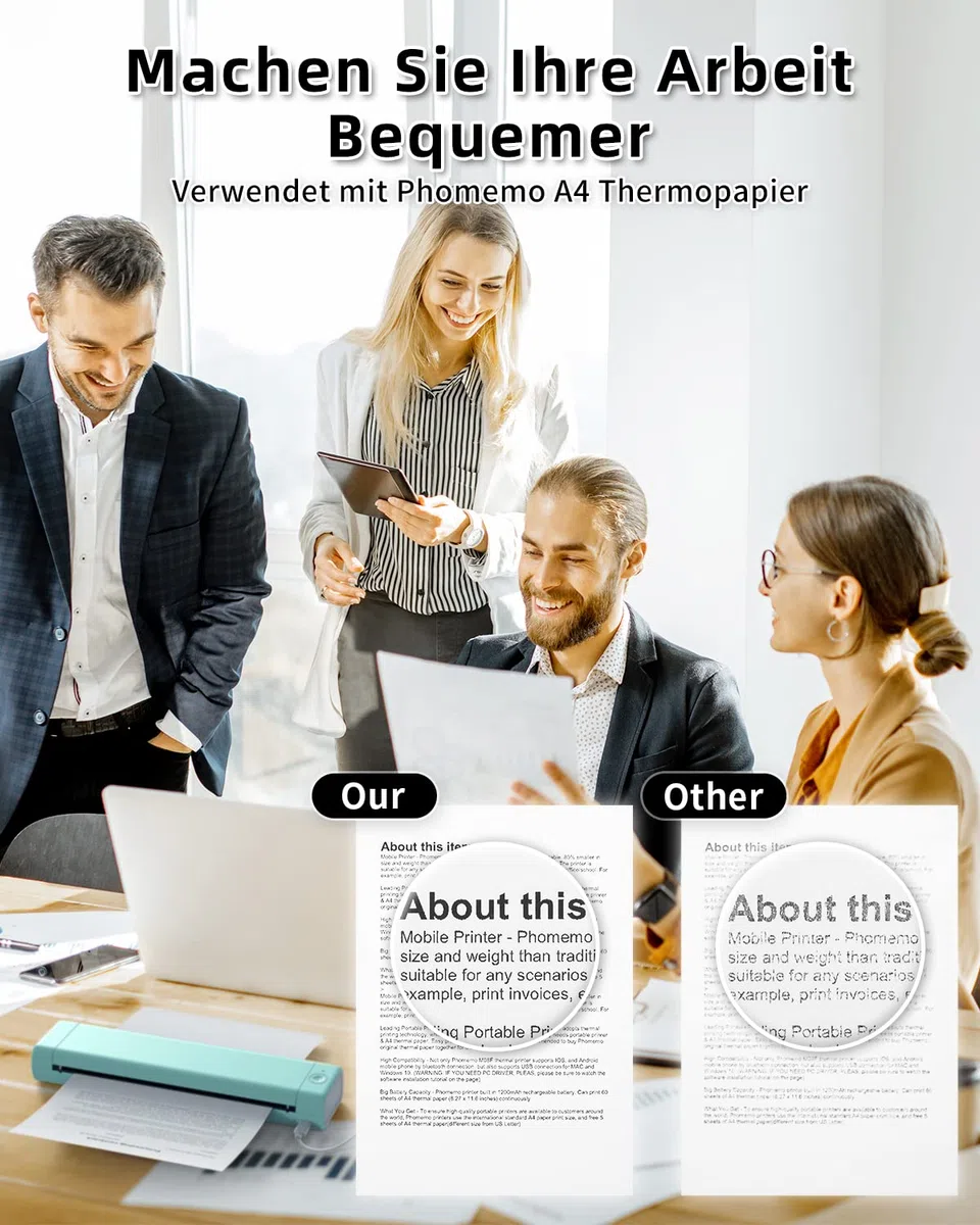 Phomemo M08F A4 Tragbarer Thermodrucker, Mobiler Monochrom Drucker unterstützt 210x297mm A4 Thermopapier, Bluetooth Drucker für Auto, Büro, Zuhause, für Phone & PC mit 1 Aufbewahrungskoffer