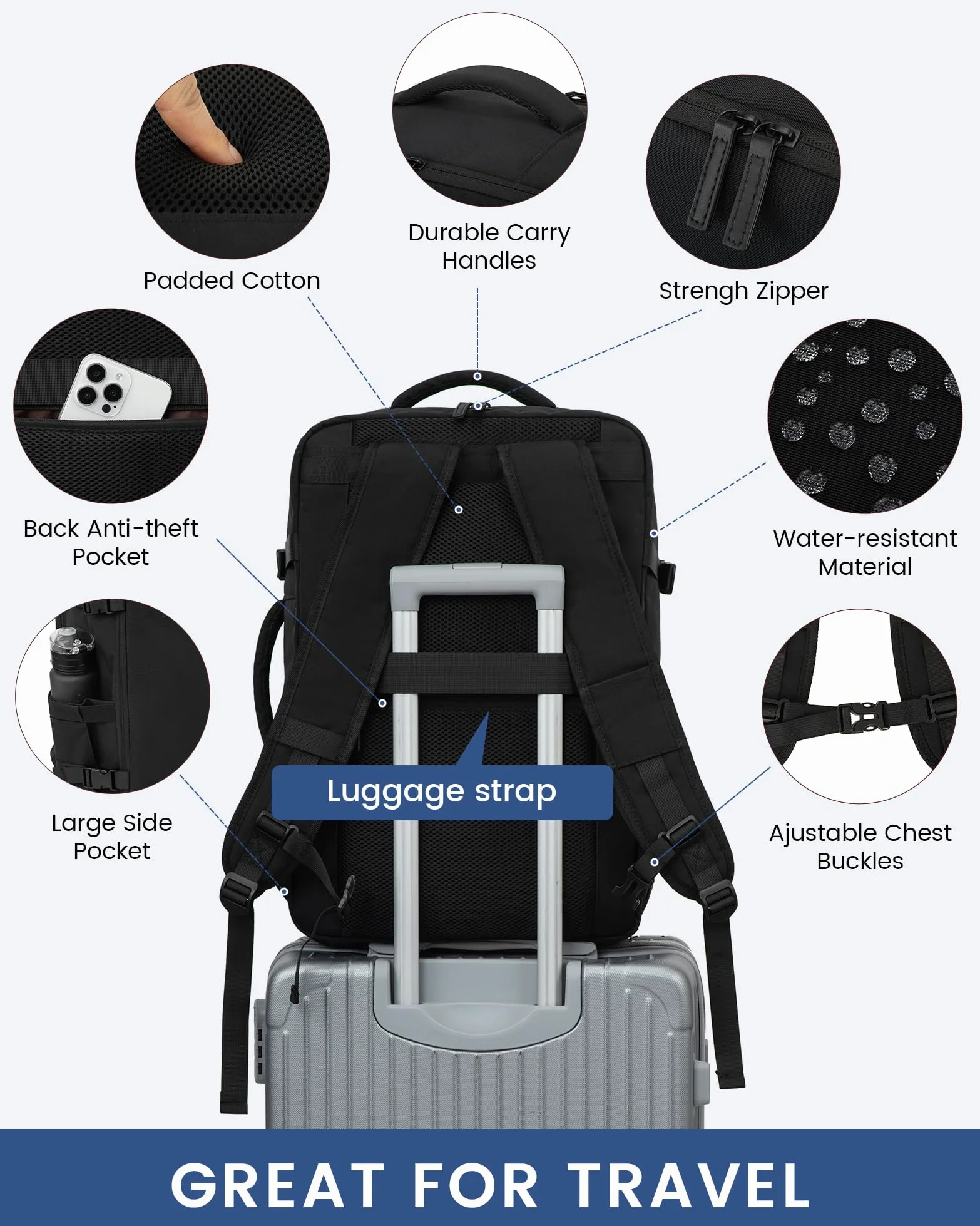 LOVEVOOK Handgepäck Rucksack, 40L Groß Reiserucksack Herren Damen Kofferrucksack Flugzeug Tasche, Travel Backpack Carry On Luggage für 17 Zoll Laptop, Reisetasche Koffer Cabin Bag für Reise, Schwarz