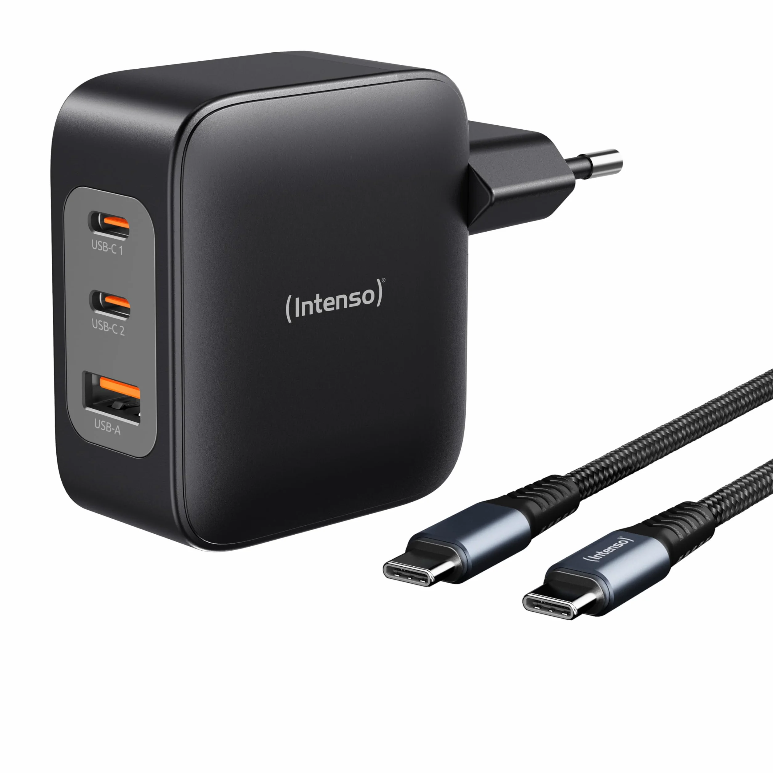Intenso 100W GaN Schnellladegerät mit USB-C Kabel 2m – 3-Port Netzteil (2X USB-C, 1x USB-A), PD 3.1, PPS & QC 5.0 Fast Charger für MacBook, Laptop, iPhone 16/15, Samsung Galaxy, iPad, Schwarz