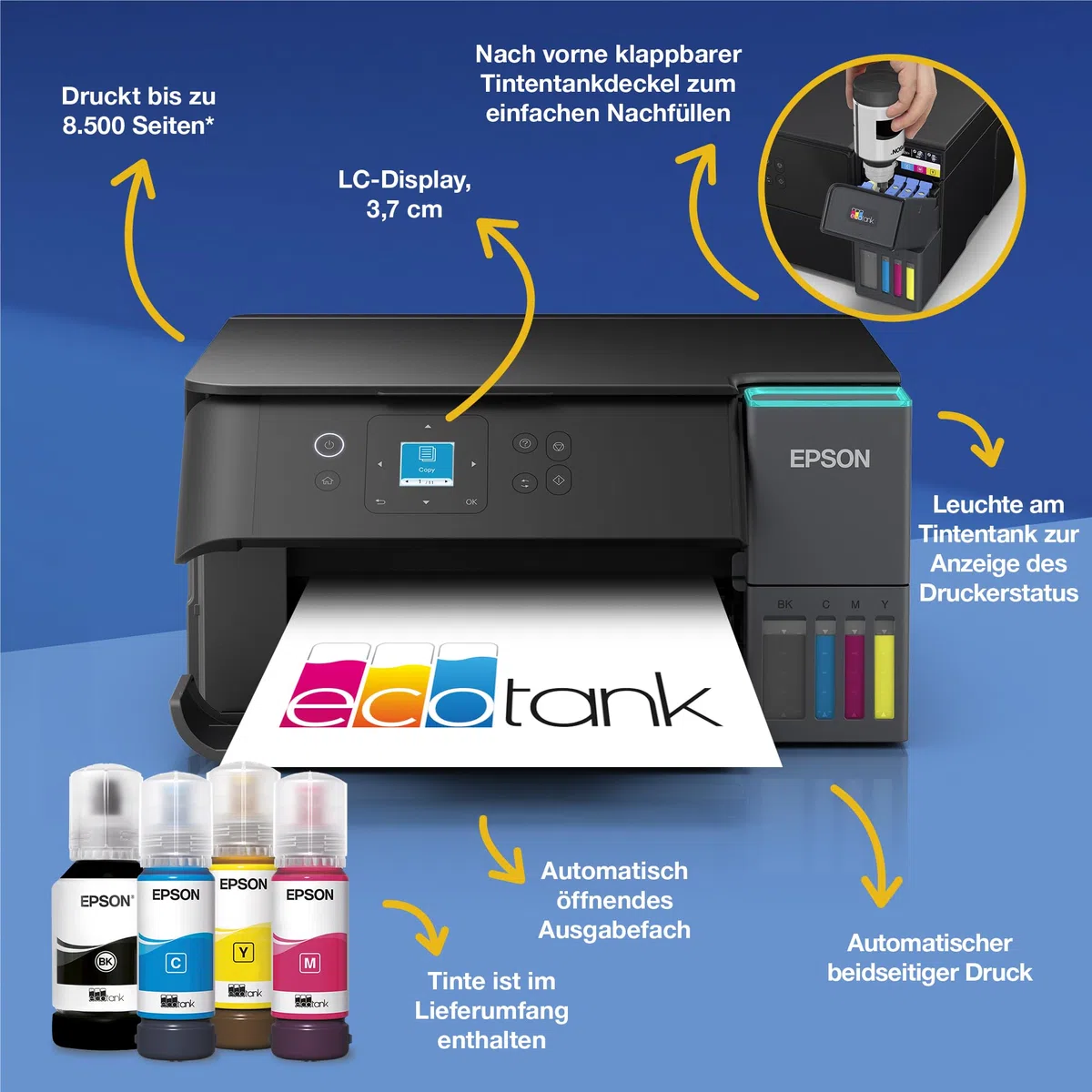 Epson EcoTank ET-2950 Tintentankdrucker | für vielbeschäftigte Haushalte | WLAN | A4 | Drucken, Kopieren, Scannen | 3.7 cm LCD-Display | Duplexdruck | inkl. Tinte für bis zu 3 Jahre