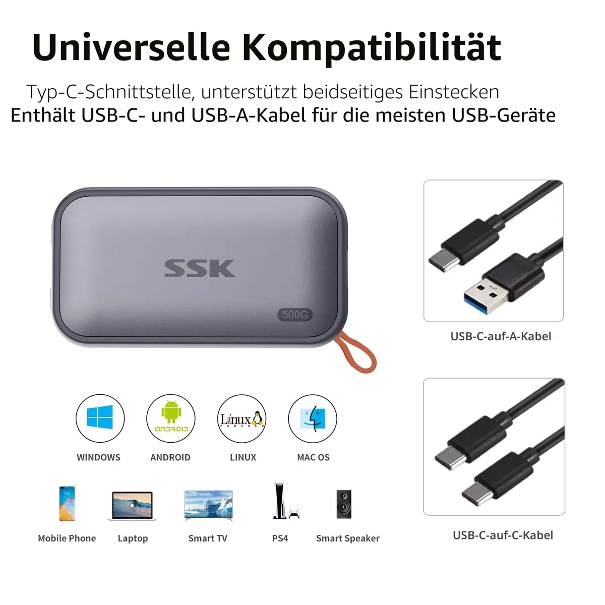 SSK 500GB Tragbare Externe NVME-SSD, bis zu 1050 MB/s, Extreme Übertragungsgeschwindigkeit, USB 3.2 Gen 2 Solid State Drive für Typ-C-Smartphones, PS5, Xbox, Laptop, MacBook/Pro/Air und mehr
