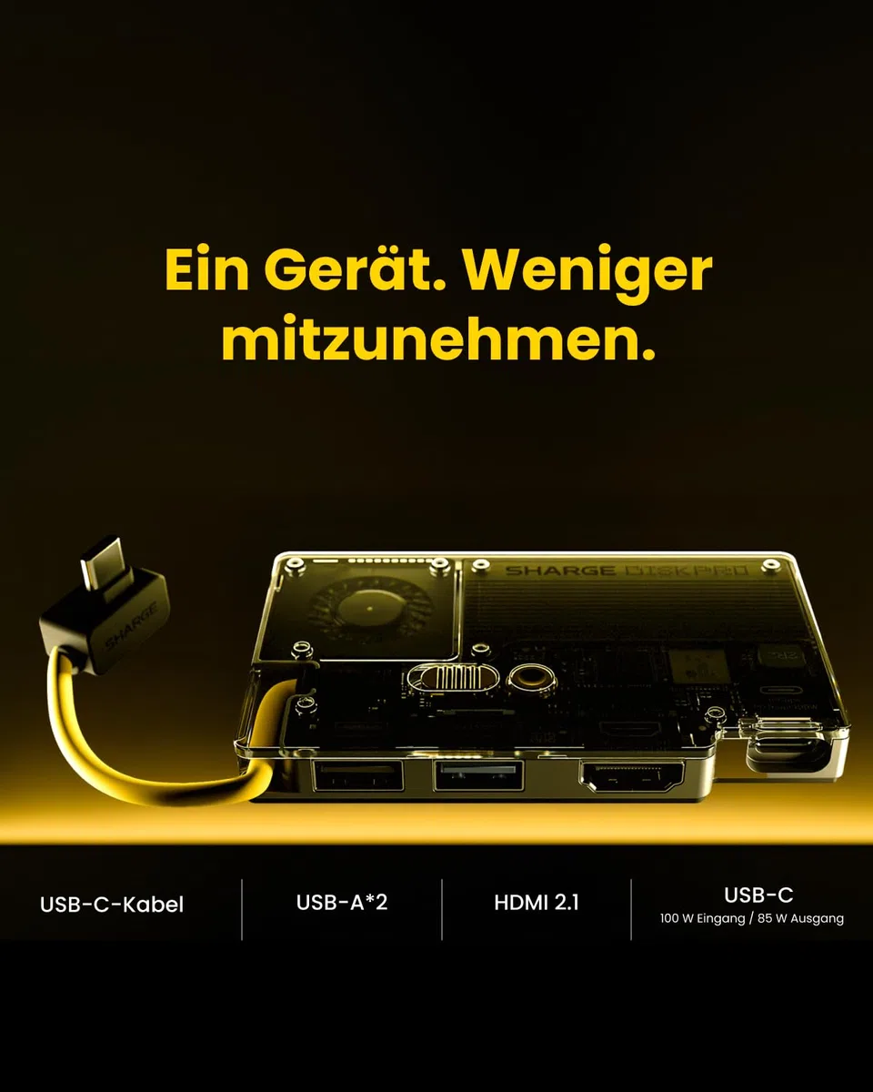 sharge Disk Pro 1TB Tragbare SSD mit Aktivkühlung, 4-Port Hub mit HDMI 2.1, USB-C 10 Gbps Kabel, Magnetische Externe SSD für MacBook, PC, PS5, Steam Deck