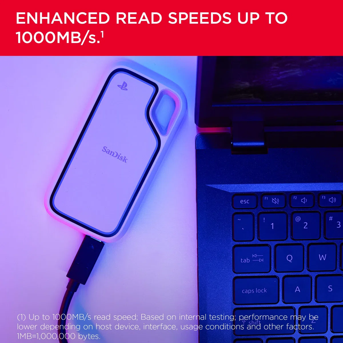 SANDISK Extreme Portable SSD 1TB (Offiziell Lizenziert für PlayStation 5 und PC's, Externe SSD, NVMe-SSD-Performance, Lesen bis zu 1000 MB/s, IP65 Wasser und Staubschutz, Fallsicherheit)