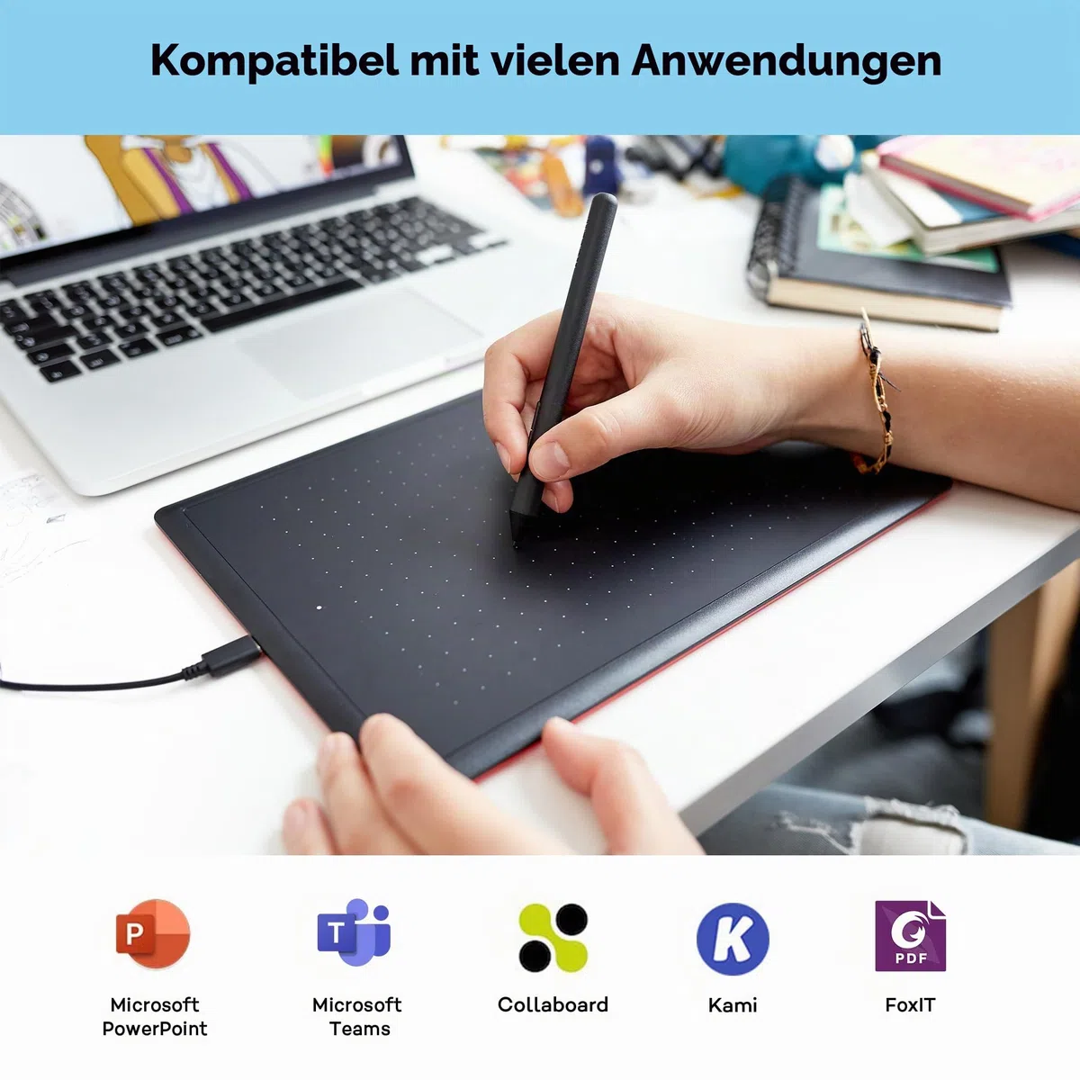One by Wacom Stifttablett mit drucksensitivem Stift, geeignet für Windows, Mac & Chromebook, Medium, schwarz/rot