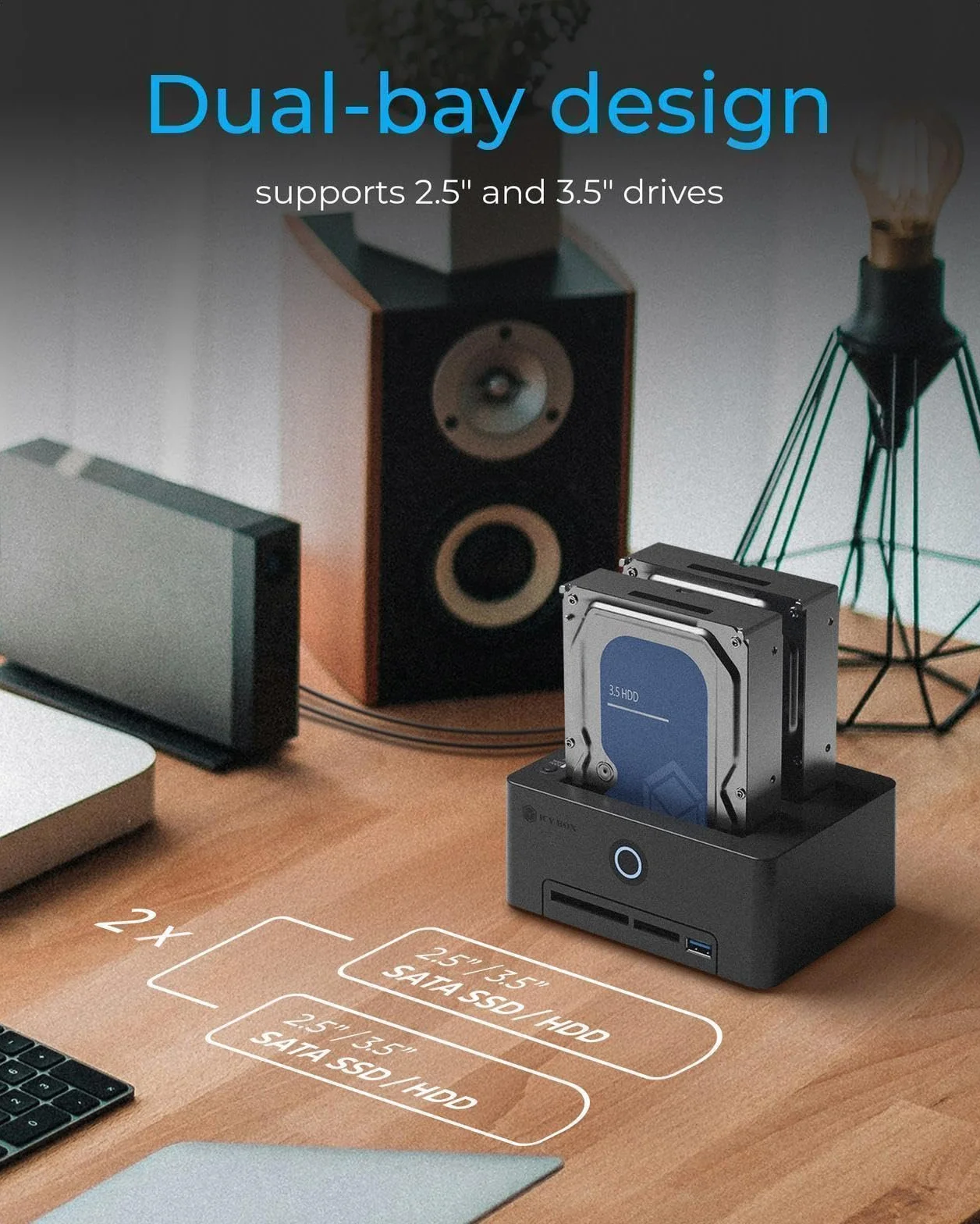 ICY BOX Klonstation für 2,5"/3,5" SATA HDD/SSD, USB 3.0 (5 Gbit/s), Offline-Klonen, Kartenleser (CF/SD), USB Hub, werkzeugfrei, extern, Plug & Play, Dockingstation, Klon-Funktion, Schwarz, IB-1233CL-C