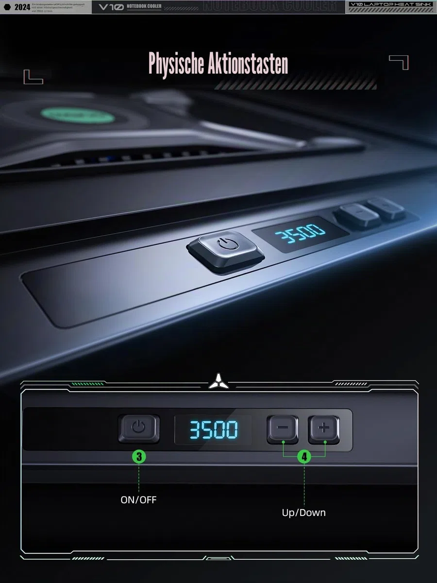 llano Gaming Laptop Kühler Kühlpad mit 3500RPM Turbofan 4,72'' externem Lüfter Ständer verstellbare Geschwindigkeit Tastensteuerung Dichtschaum schnelle Kühlung Laptops 13-17,3'' KEIN RGB NO Ports