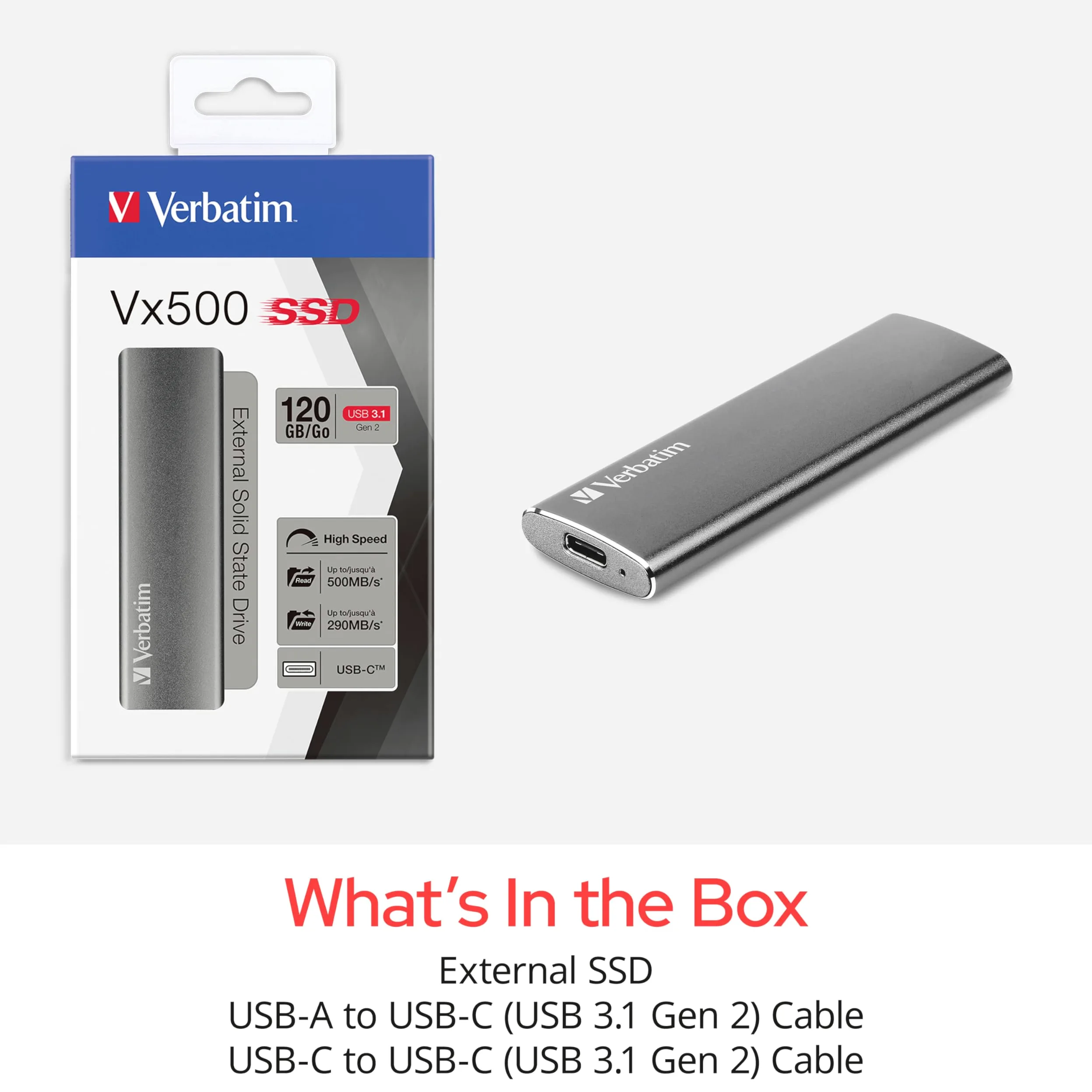 Verbatim Vx500, externe SSD-Festplatte, 480 GB, USB 3.1 Gen 2-Controller, 500 MB/s Lesegeschwindigkeit inkl. USB-C- und USB A-Kabel, Store n Go - spacegrau