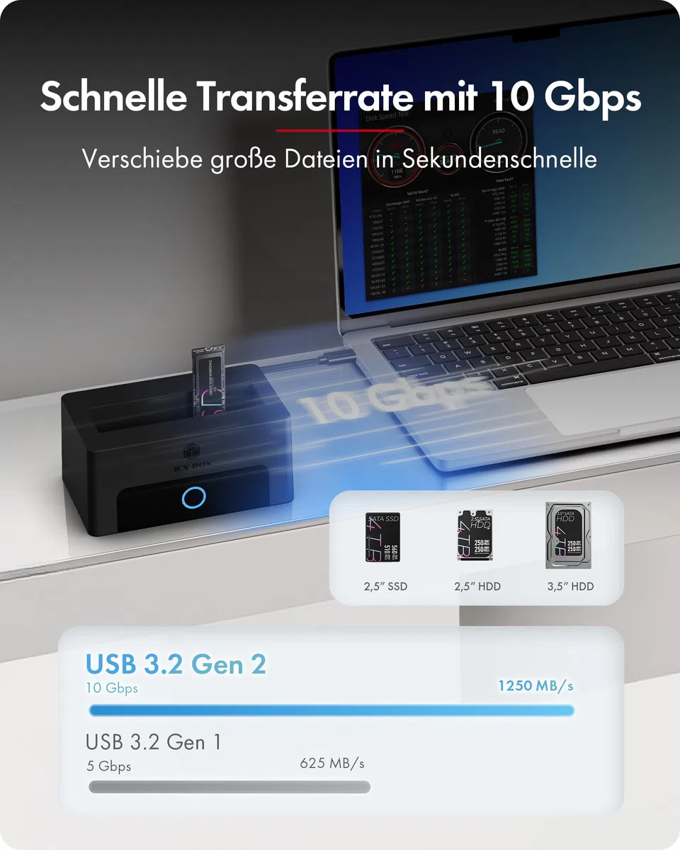 ICY Box Docking Station für M.2 NVMe & 2,5"/3,5" HDD/SSD, USB 3.2 Gen 2 Type-C (10 Gbps), HotSwap, UASP, SATA & NVMe Dock für SSD und Festplatten, IB-1123M-CU31, Spade Dock 1123