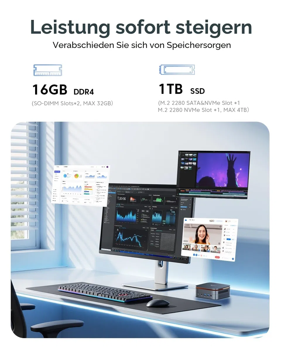 NiPoGi Pinova P1 Mini PC AΜD Ryzen 3300U W11 Pro(4C/4T,MAX. 3.5GHz,Besser als 3200U/N100) 16GB DDR4 RAM(Max.32GB)+1TB SSD(Max.4TB) Computer 4K Triple Display/WiFi 5/BT/LAN Büro/Bildung/Multimedia