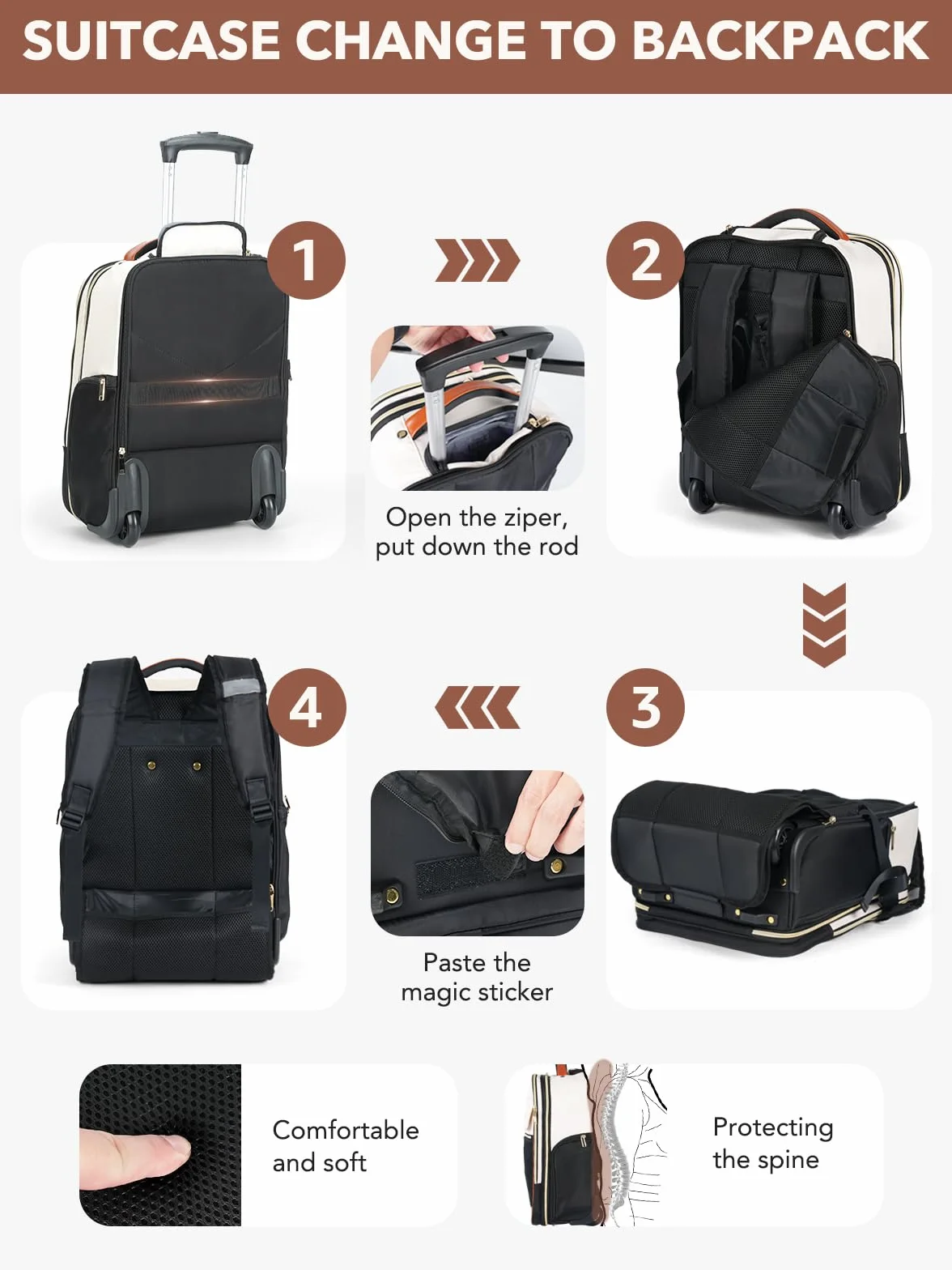 Rollrucksack Damen 17 Zoll Laptop, Rucksack mit Rollen Handgepaeck Underseat Groesse L, 46x32x18 cm, 2 in 1 Trolley Rucksacktrolley Pilotenkoffer, 180 Grad Oeffnung, wasserabweisend, Beige