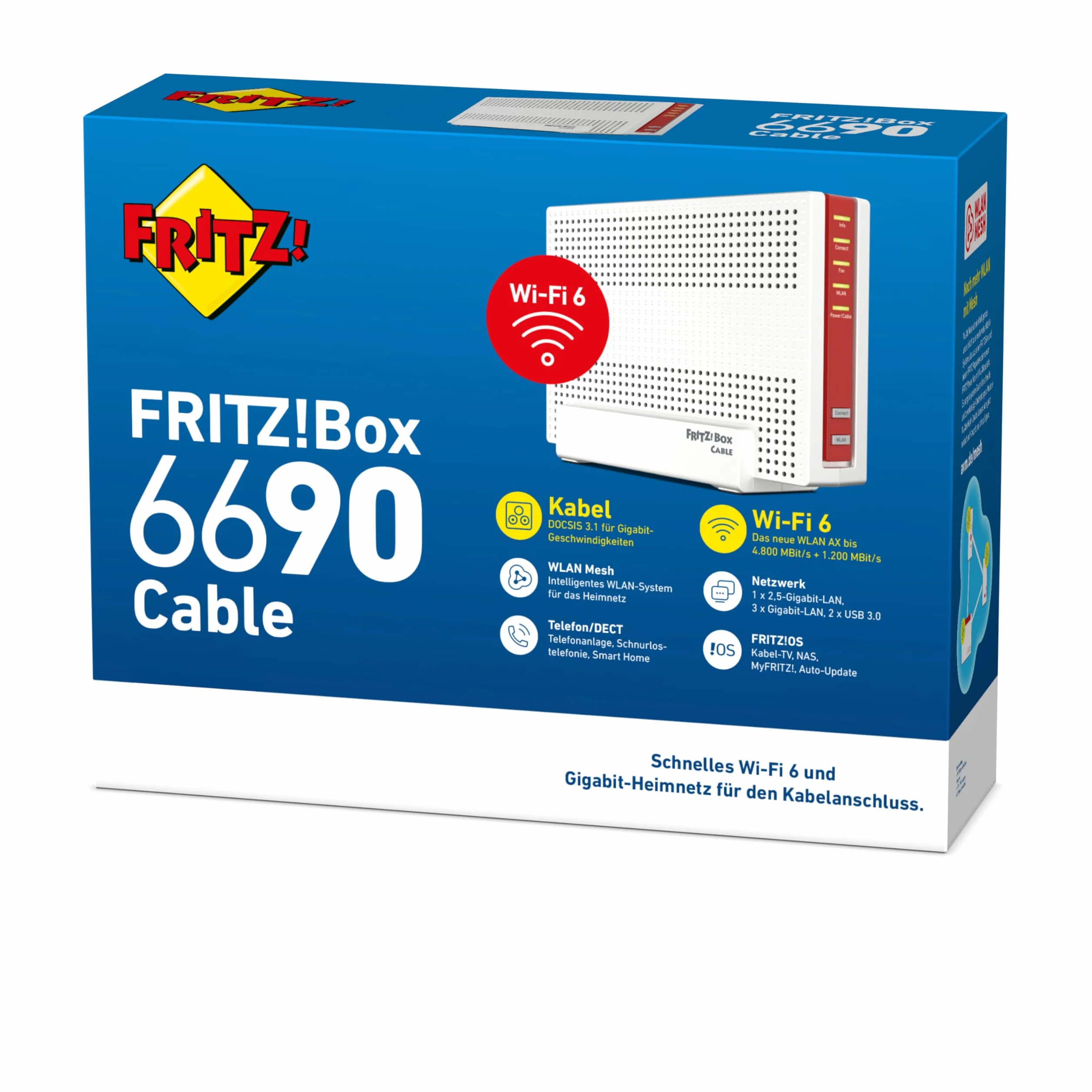 FRITZ!Box 6690 Cable | Router für einen Kabelanschluss (DOCSIS 3.1-Kabel-Modem, 4x4 Wi-Fi 6 (WLAN AX) mit 4.800 MBit/s (5 GHz) + 1.200 MBit/s (2,4 GHz), 1x 2,5-Gigabit-LAN-Anschluss, USB 3.0, DECT)