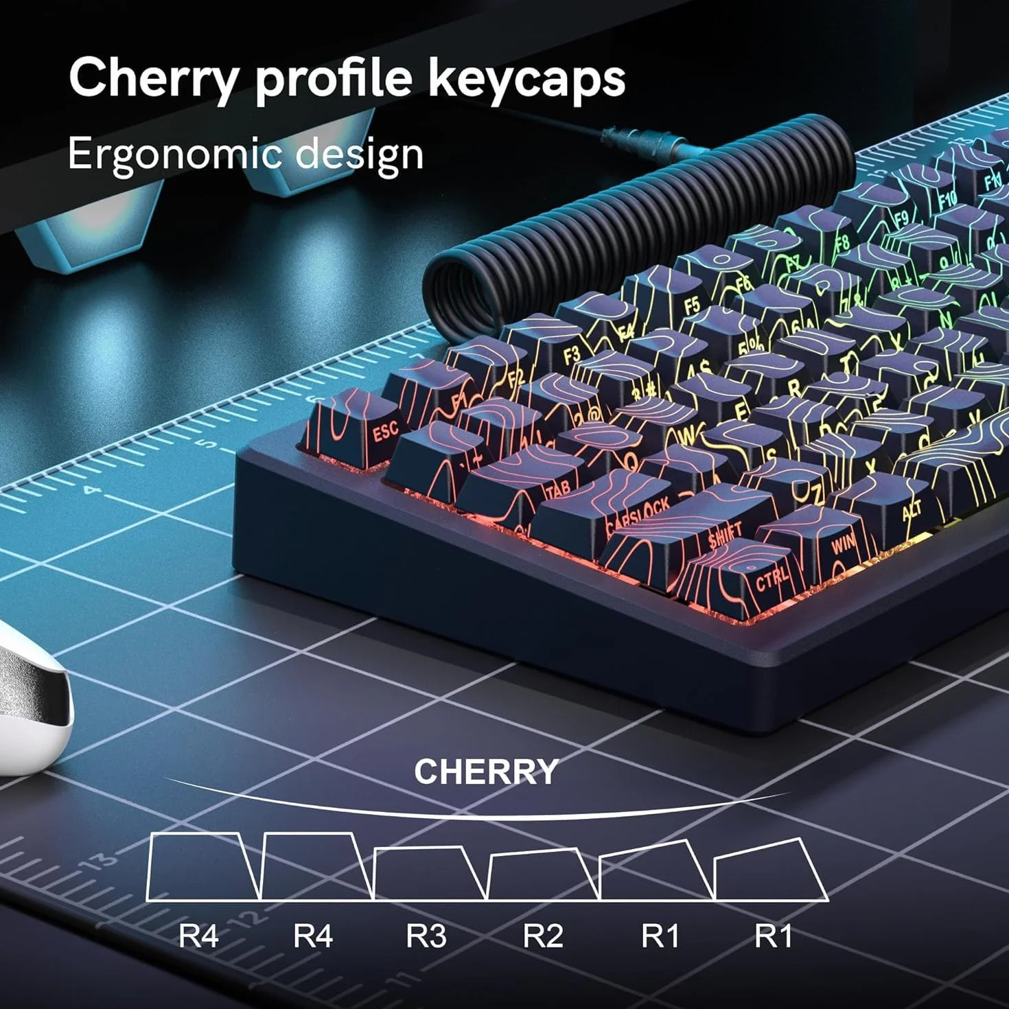 PBT Keycaps, Schwarze topografische 60 75 Prozent Lines Backlit, Shine Through Tastenkappen, Seitlich Bedruckte Cherry Profile für100%, 75%, 65%, 60% ANSI US Tastatur(nur Tastenkappen)