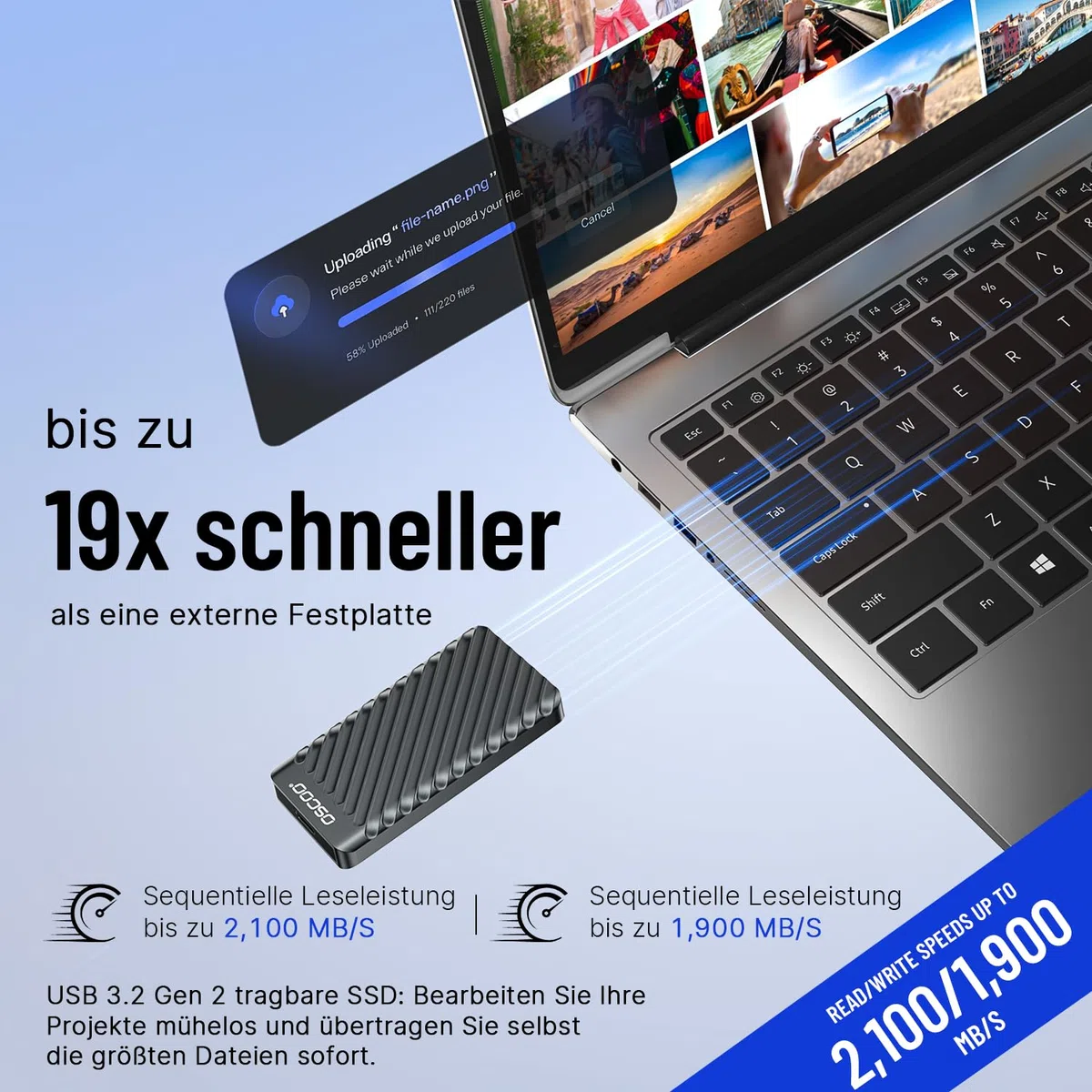 1TB SSD Festplatte Extern USB 3.2 Gen 2x2 Tragbare Festplatte Bis zu 2000 MB/s Duale USB Stick USB-A&USB-C Externer Speicher Kompatibel Android, Laptops, Tablets, Smart-TVs