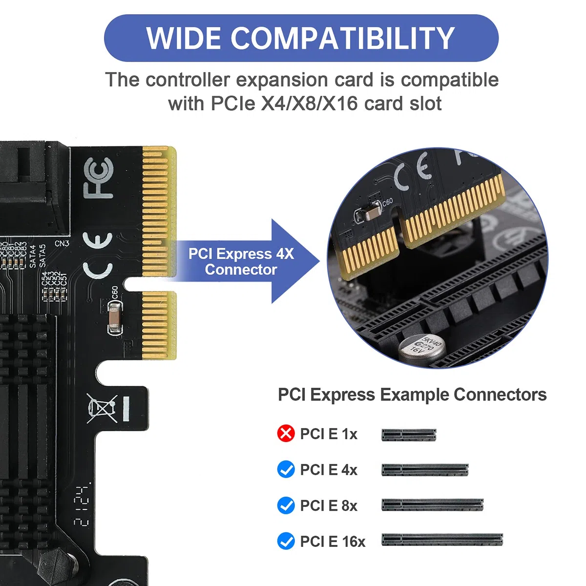 PCIE Schnittstelle-4X SATA Karte 6 Ports, mit 6 SATA Kabel und Low Profile Halterung, PCIE zu SATA 3.0 6 Gbps Controller, ASM1166 Chip
