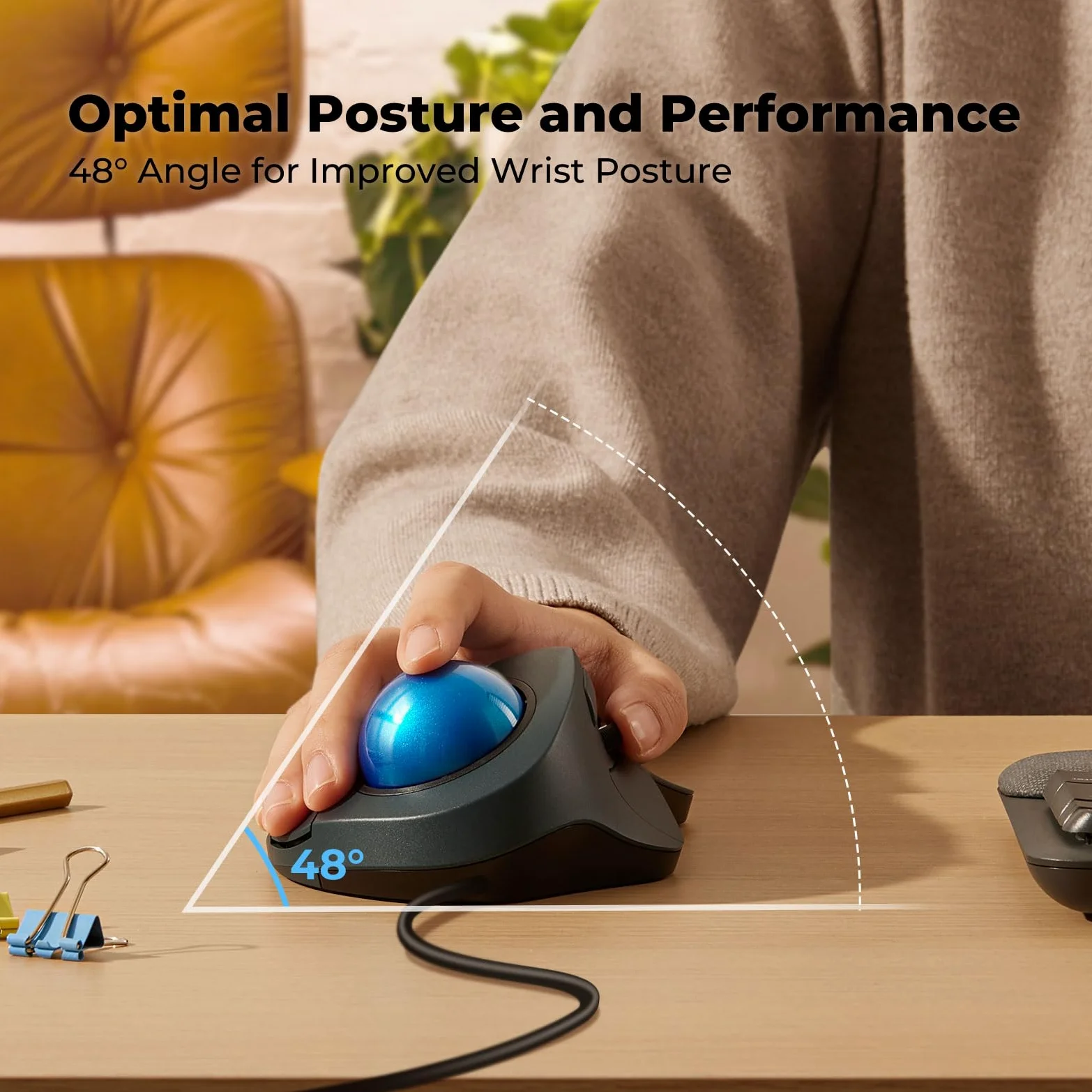 Kabelgebundene Trackball-Maus für große Hände, ergonomisches Design reduziert Belastung von Handgelenk und Muskeln, präzises Tracking mit einfacher Zeigefingersteuerung, kompatibel mit PC