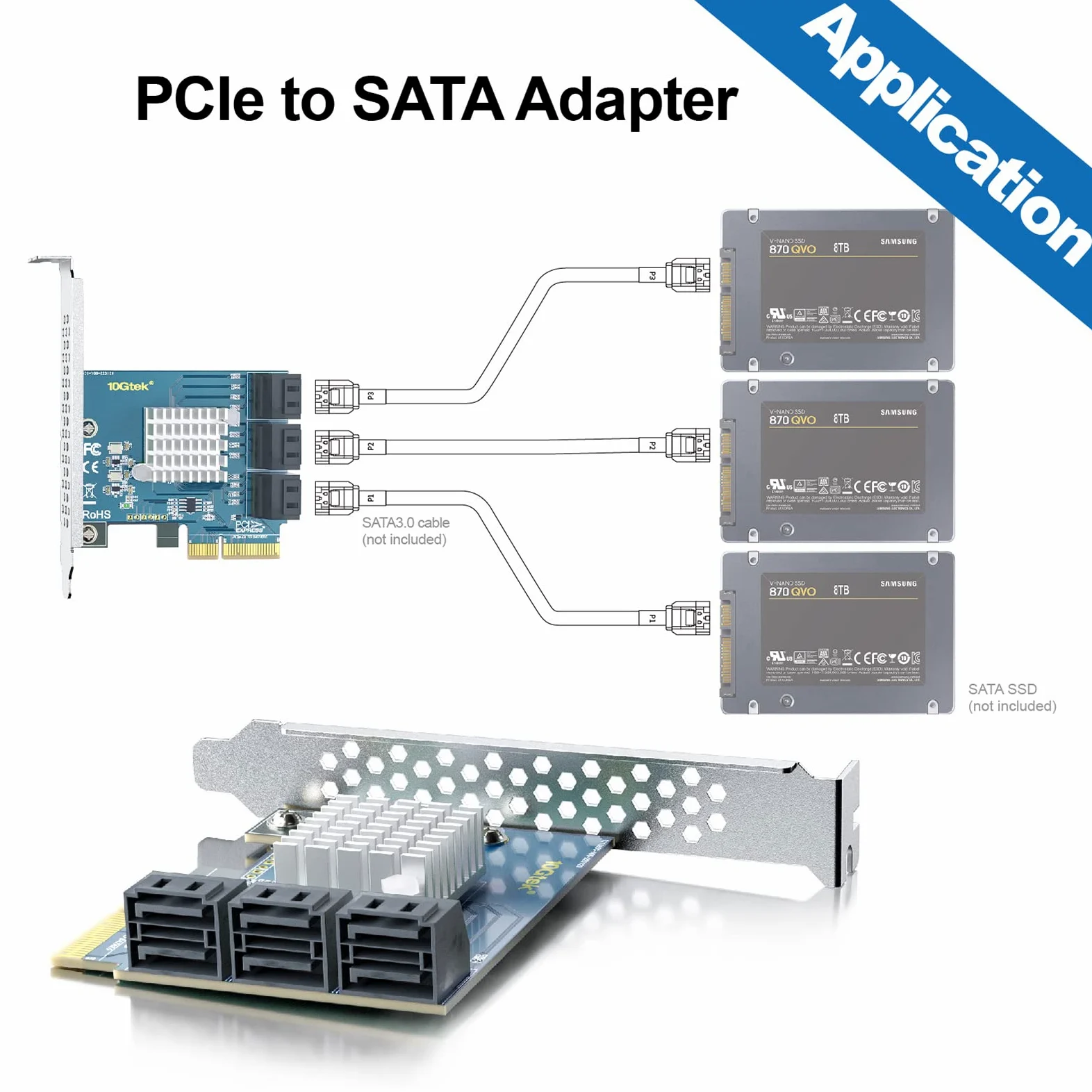 10Gtek PCIe SATA X4 Card 6 Port with 6 SATA Cables and Low Profile Bracket, 6Gbps SATA3.0 Controller PCI Express Expansion Card, Support 6 SATA 3.0 Devices