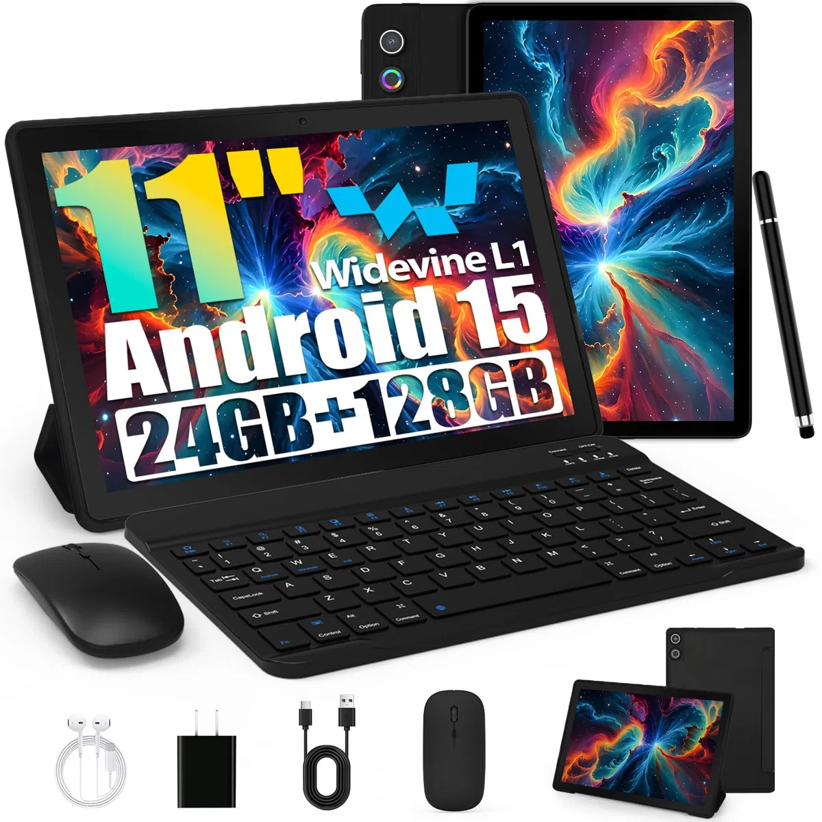 Tablet, Android Tablet 11 Zoll mit 24GB RAM + 128GB ROM (1TB TF), Octa-Core, Widevine L1, WiFi 6 & BT 5.3, 6800mAh Akku, Dual Kamera – Tablet mit Tastatur, Maus, Stift & Hülle